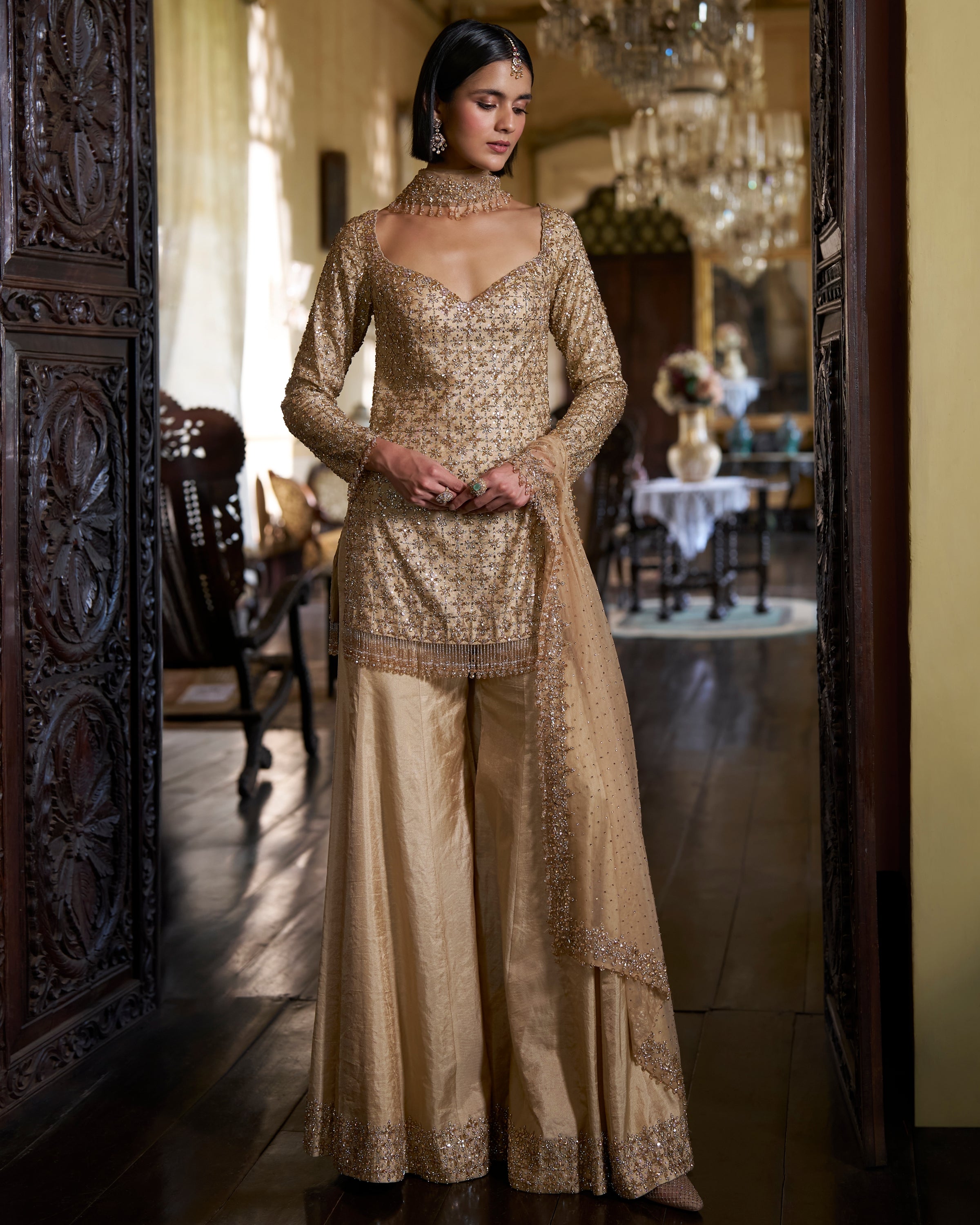 Gold Crystal Sharara Set