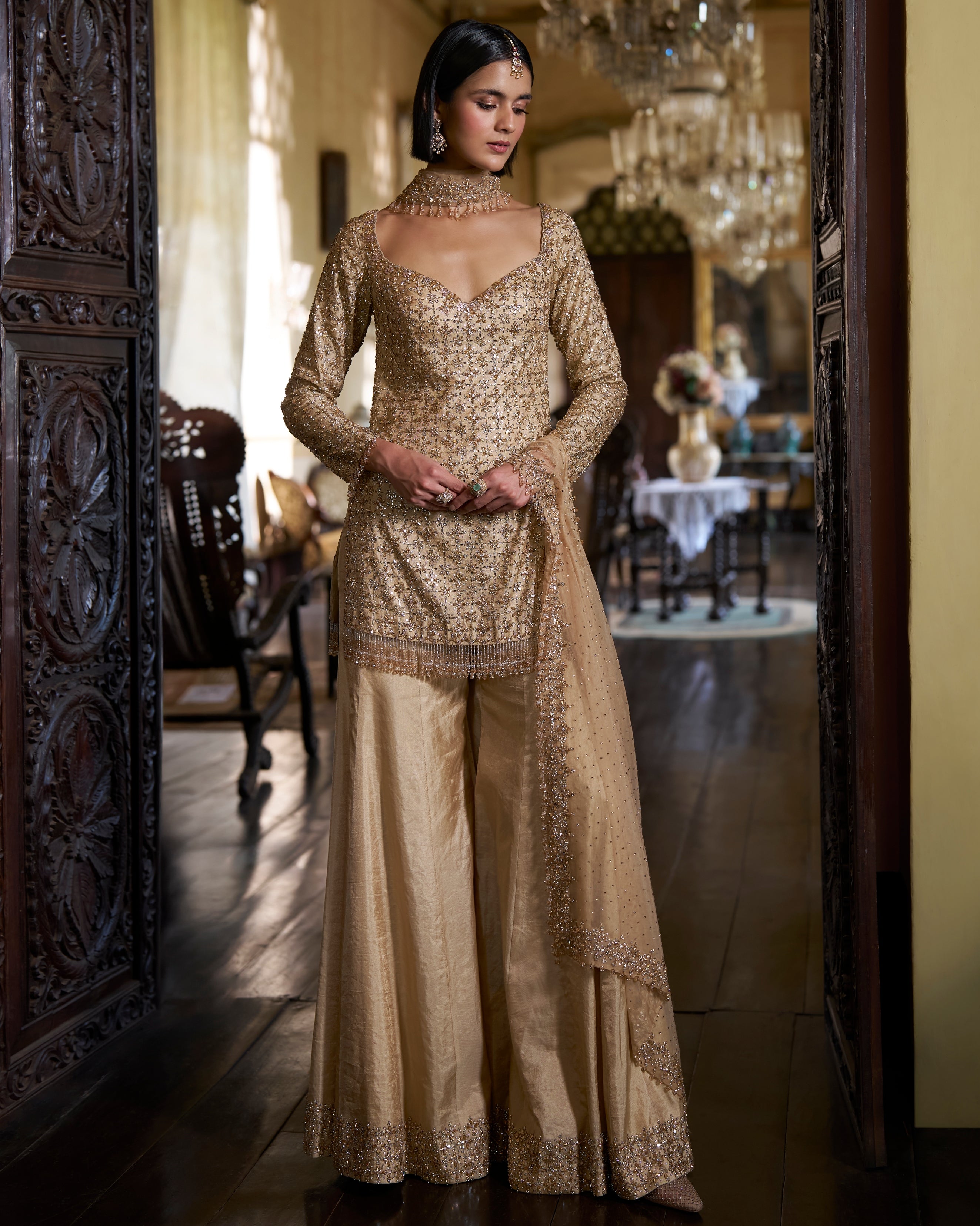 Gold Crystal Sharara Set