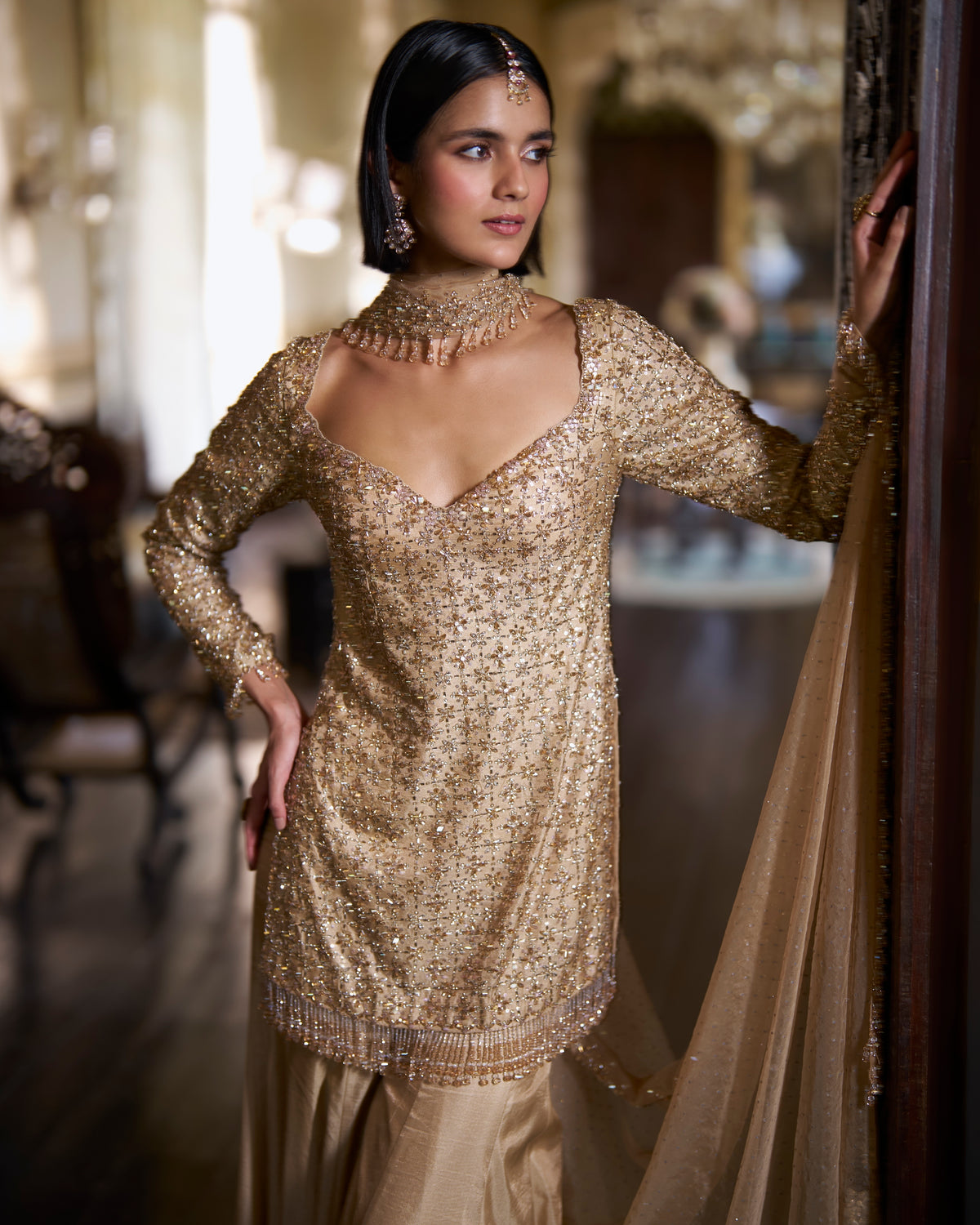 Gold Crystal Sharara Set