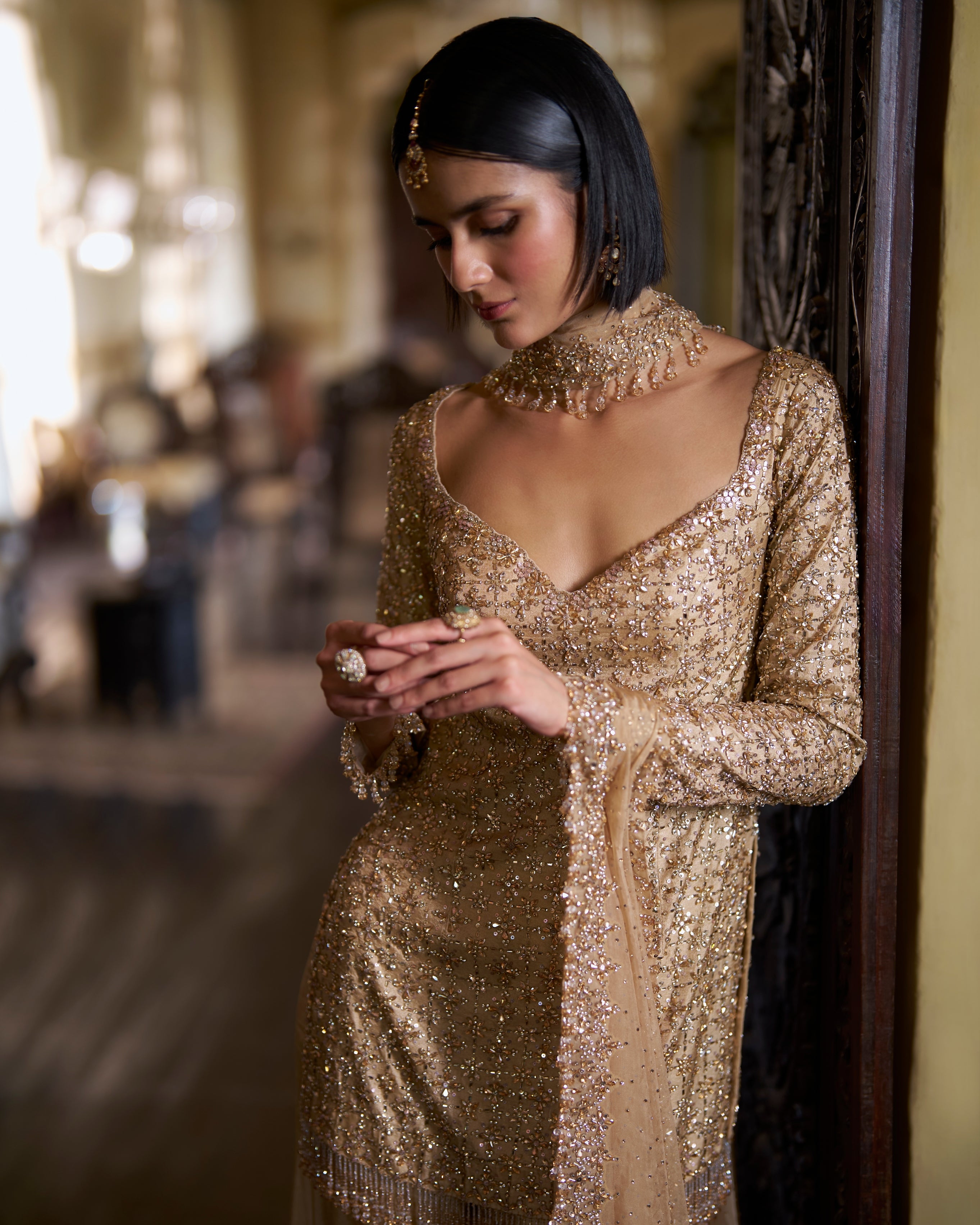 Gold Crystal Sharara Set