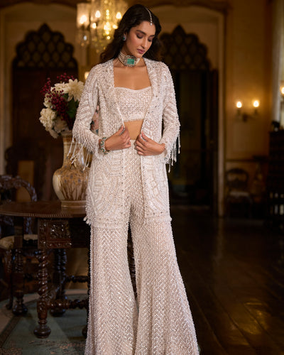 White Sequin Open Jacket - Sharara Pant Set