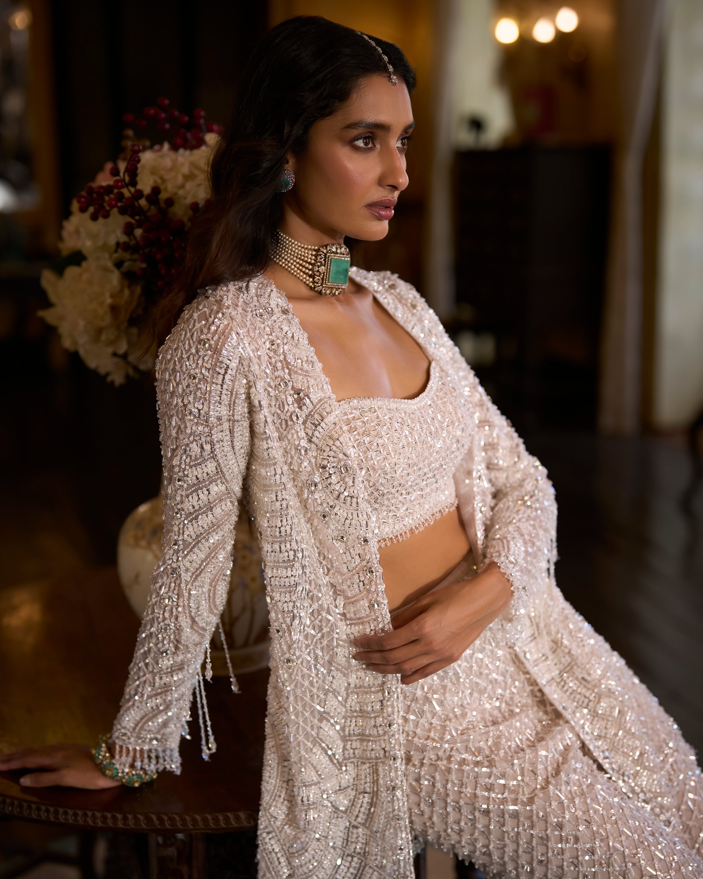 White Sequin Open Jacket - Sharara Pant Set