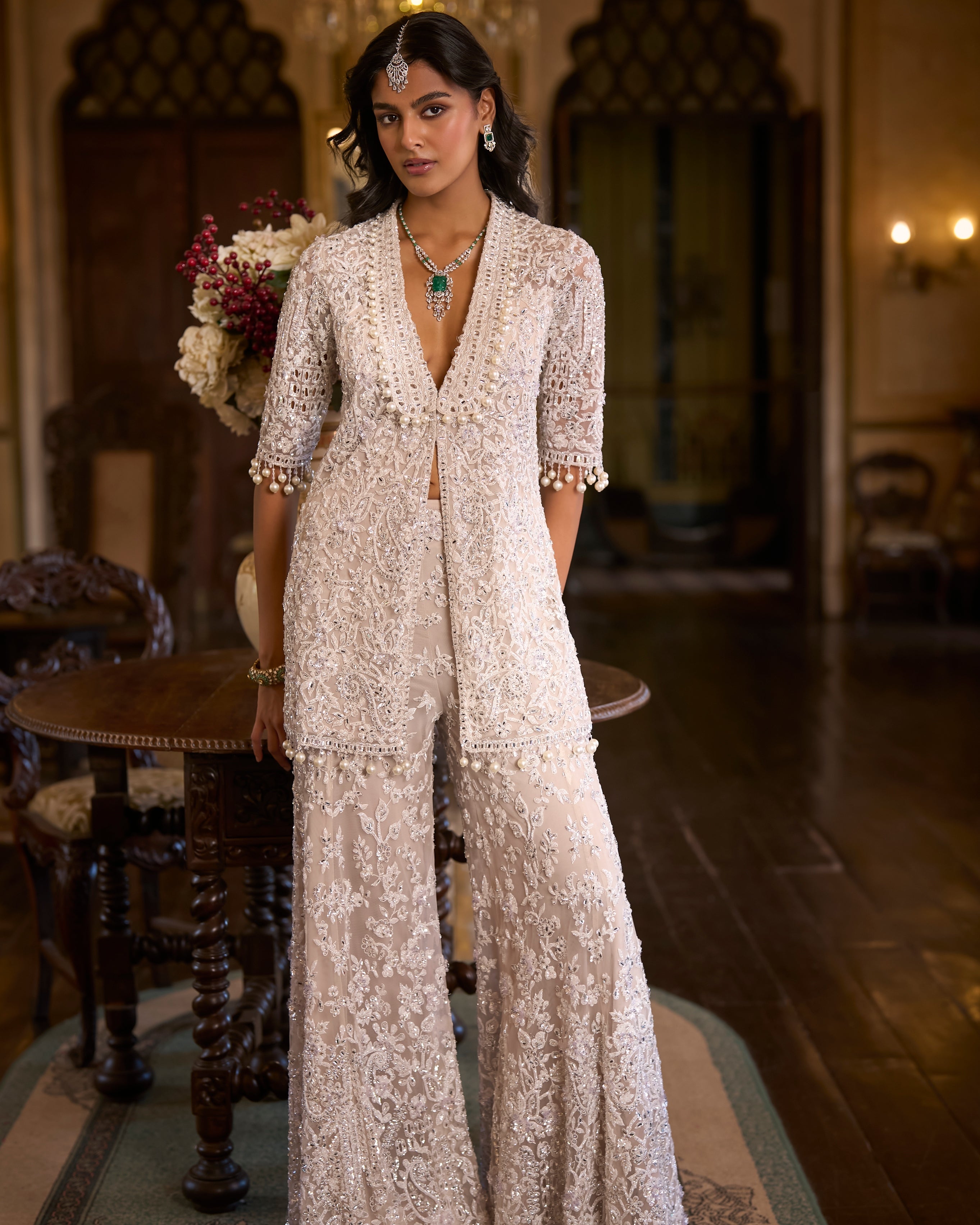 White Sequin Jacket Sharara Pant Set