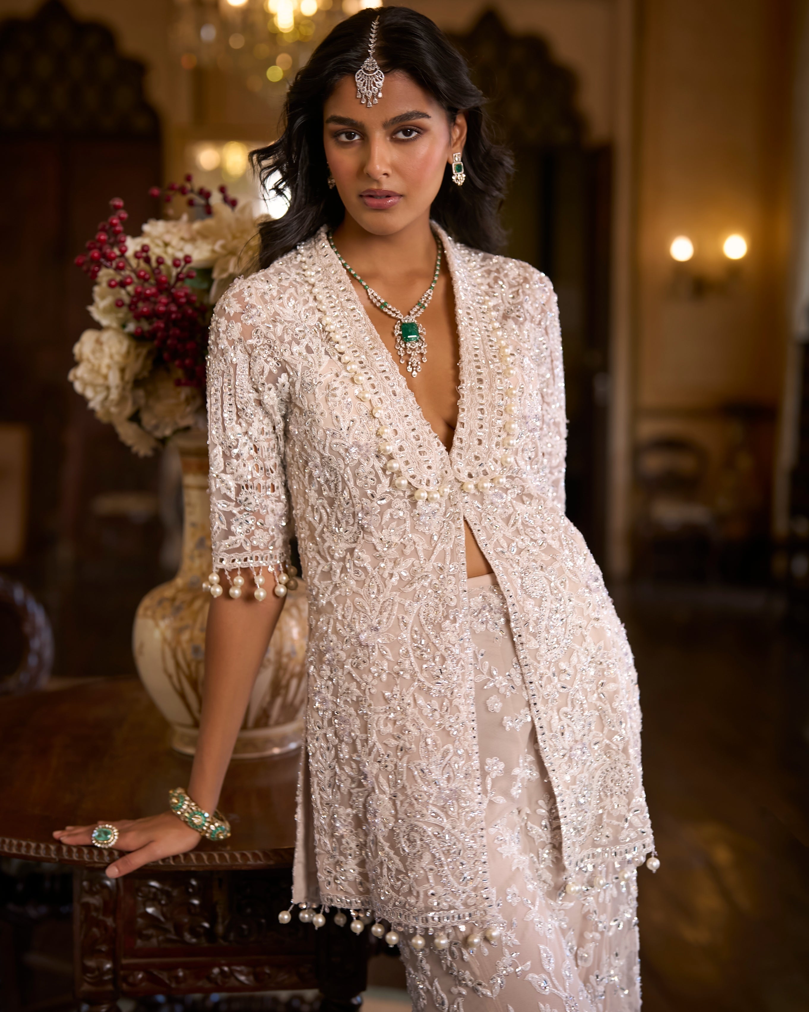 White Sequin Jacket Sharara Pant Set