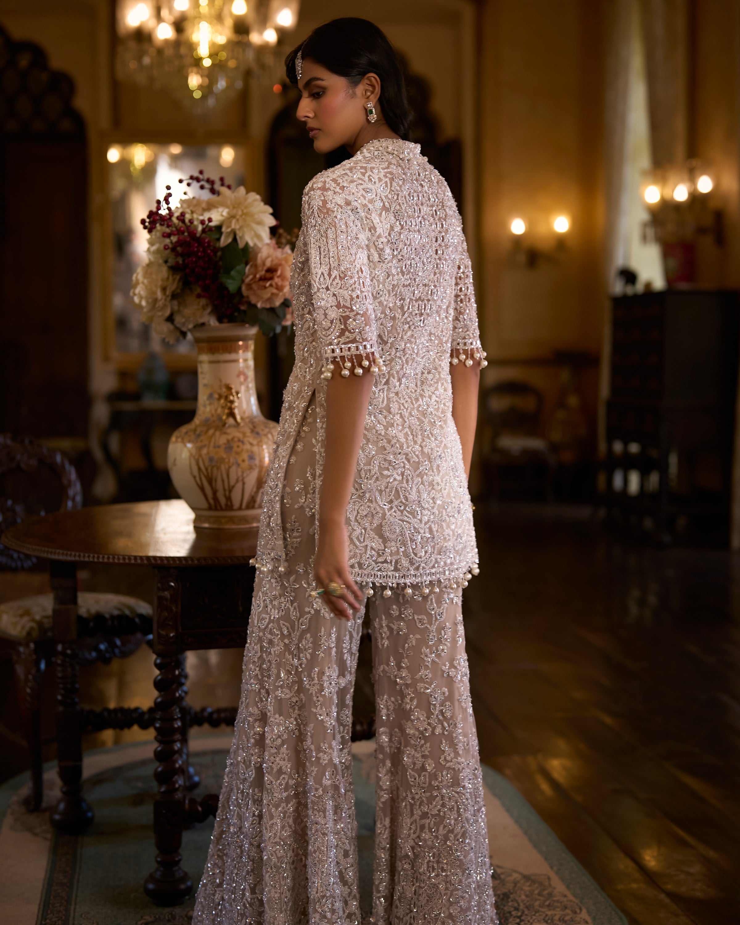 White Sequin Jacket Sharara Pant Set