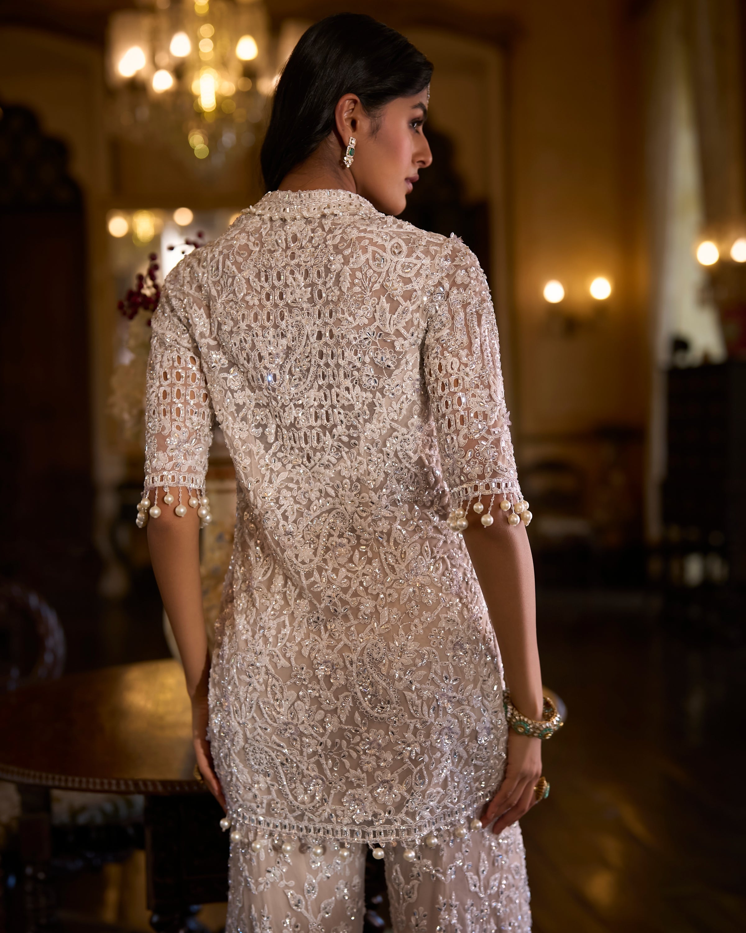 White Sequin Jacket Sharara Pant Set