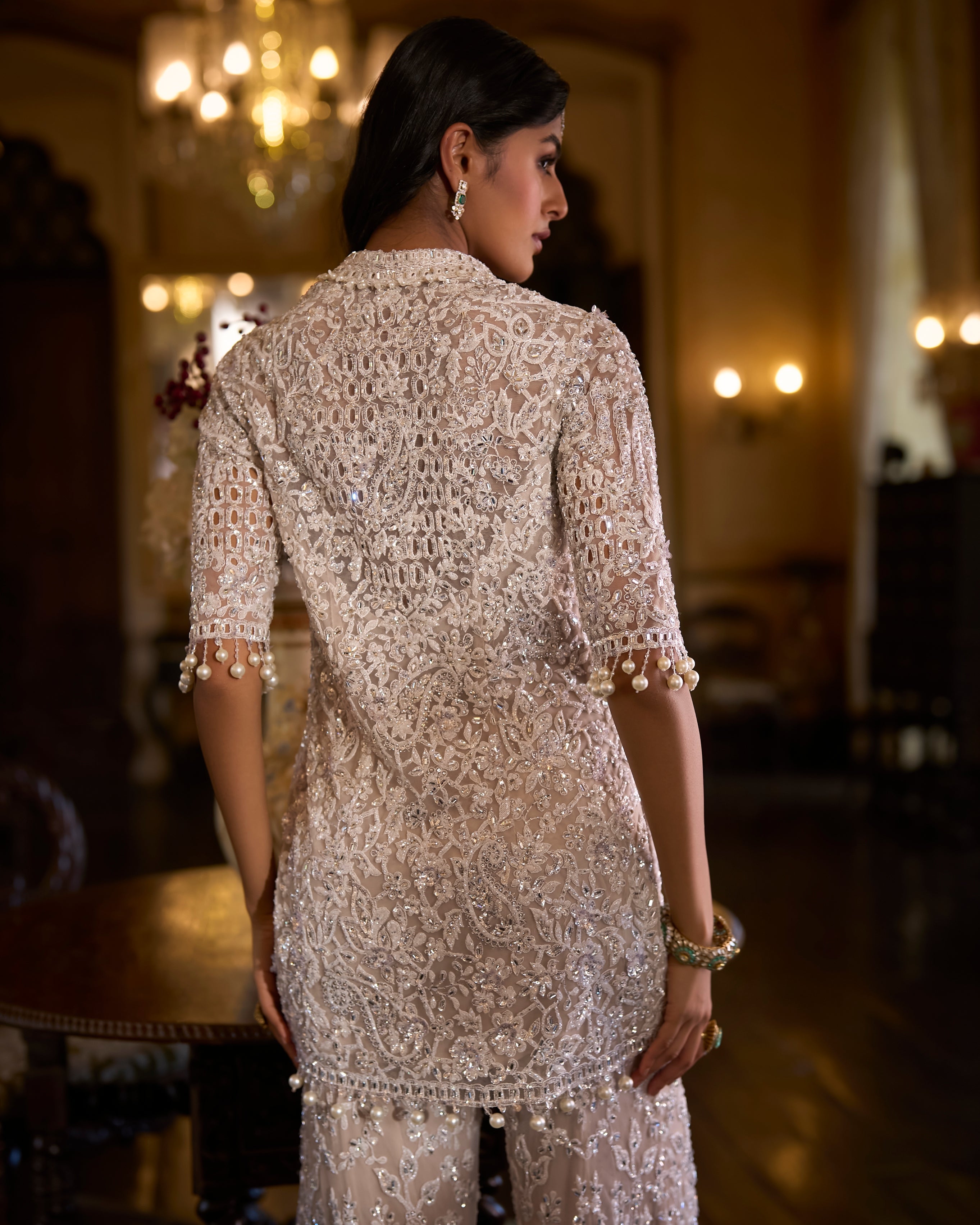 White Sequin Jacket Sharara Pant Set