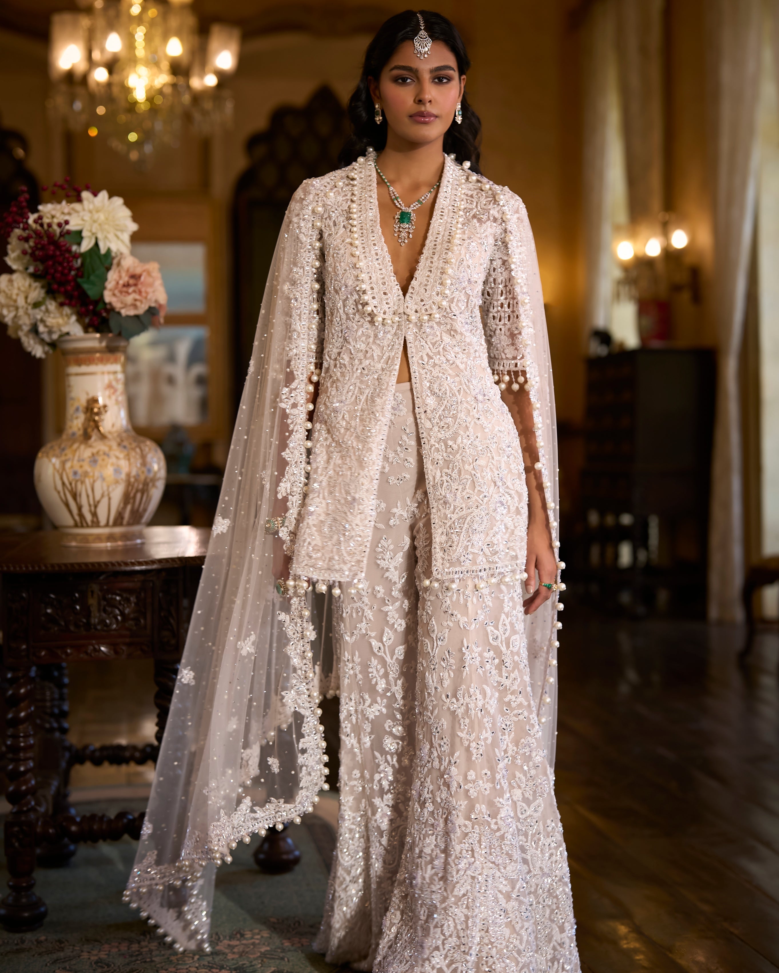 White Sequin Jacket Sharara Pant Set