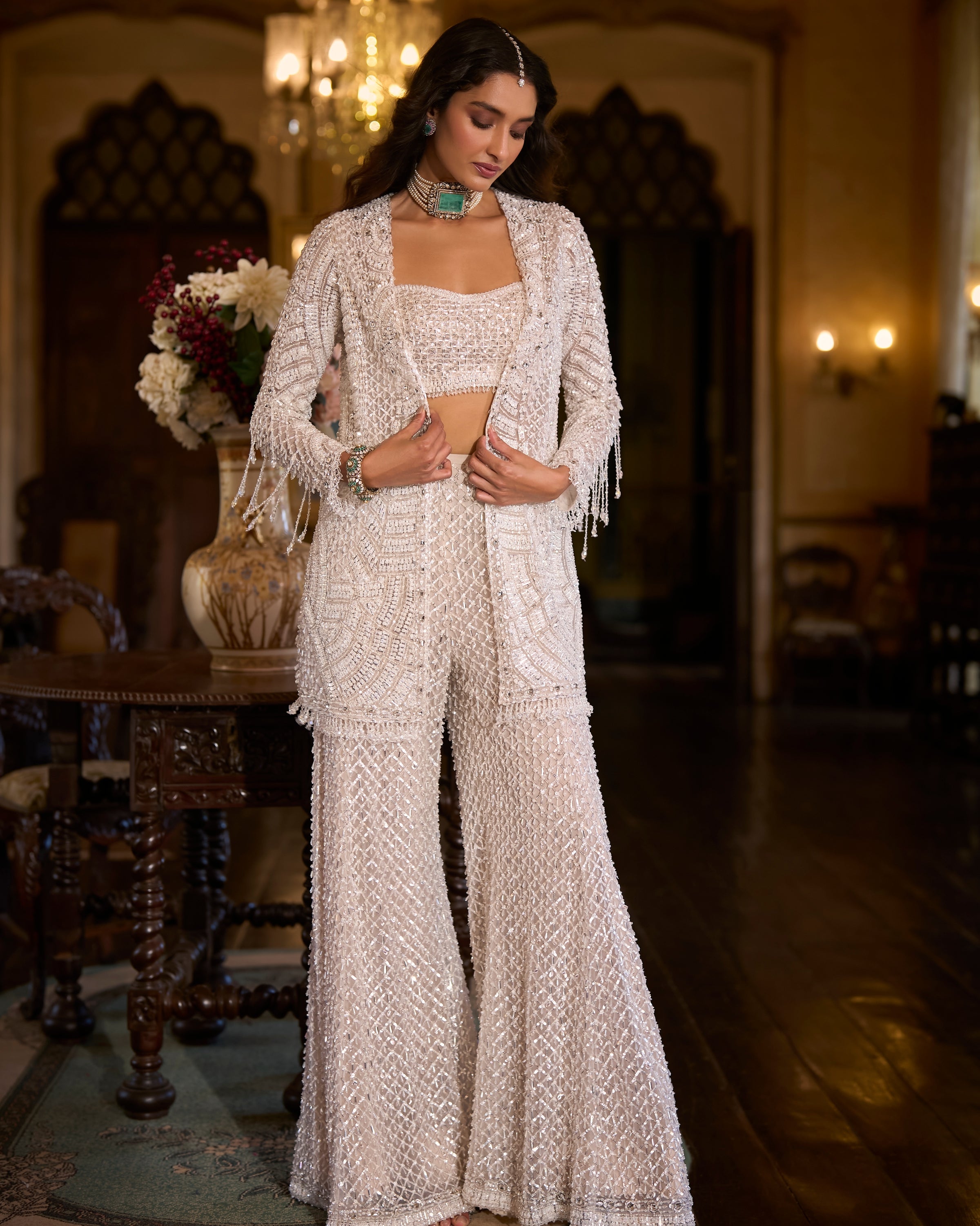 White Sequin Jacket Sharara Pant Set