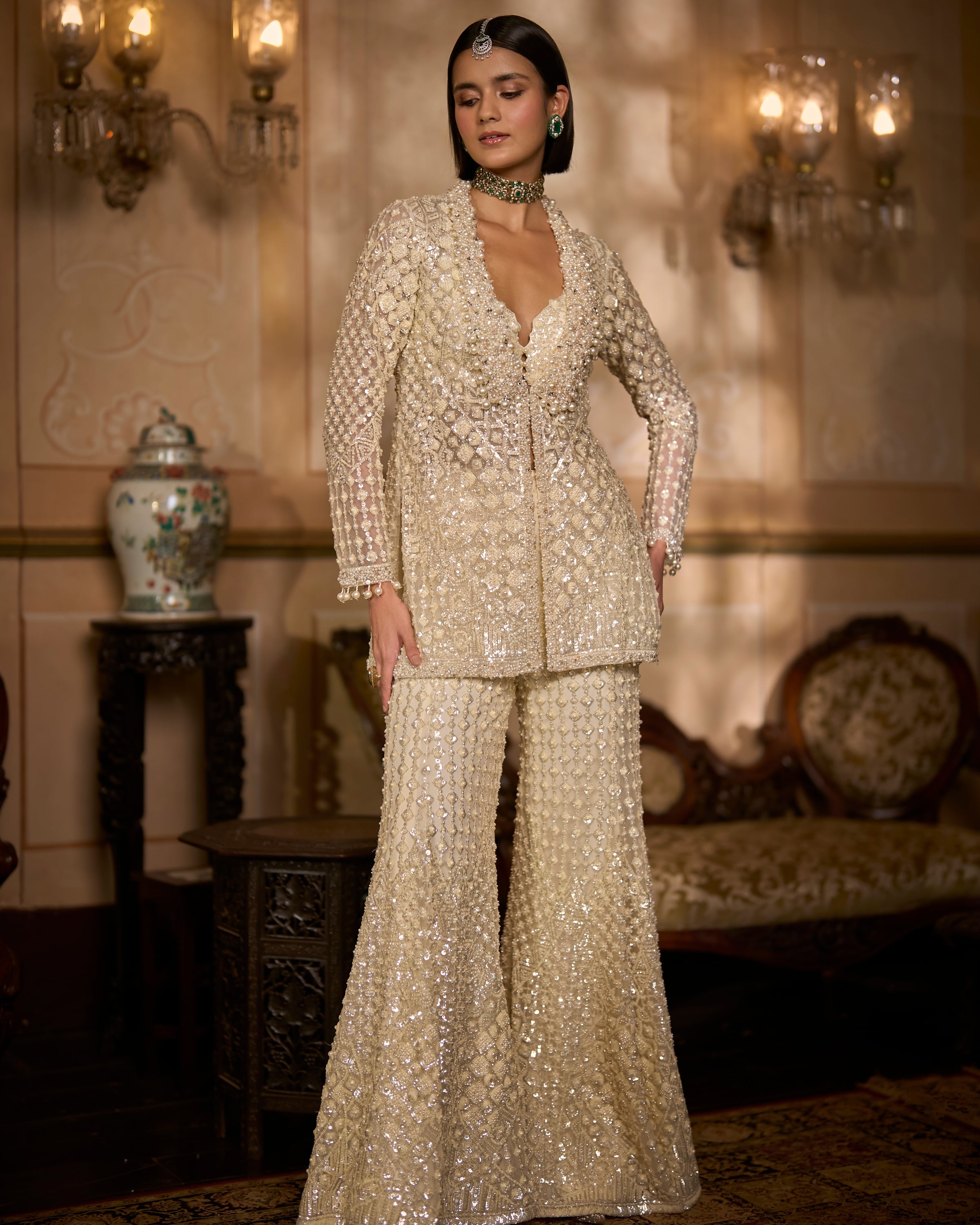 Cream Open Jacket Sharara - Pant Set