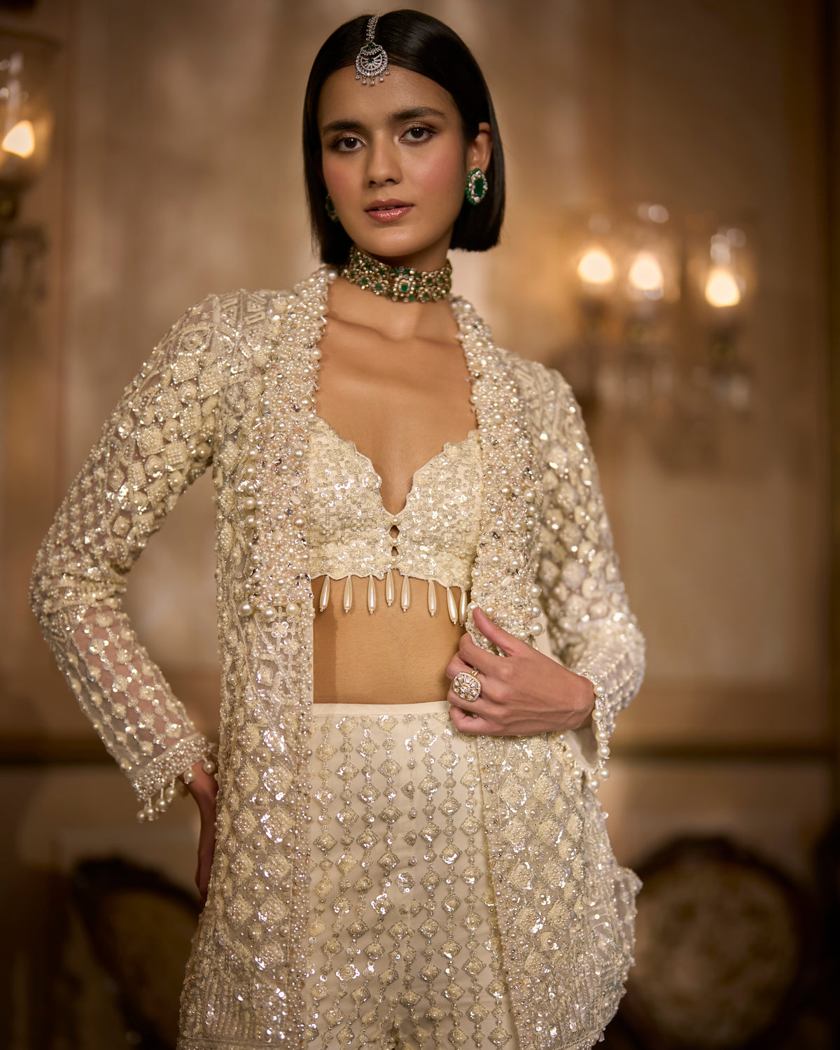 Cream Open Jacket Sharara - Pant Set