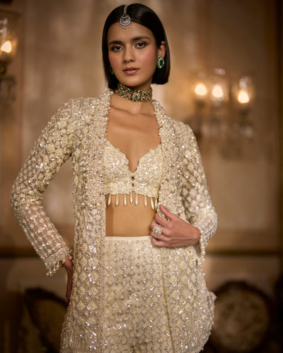 Cream Open Jacket Sharara - Pant Set
