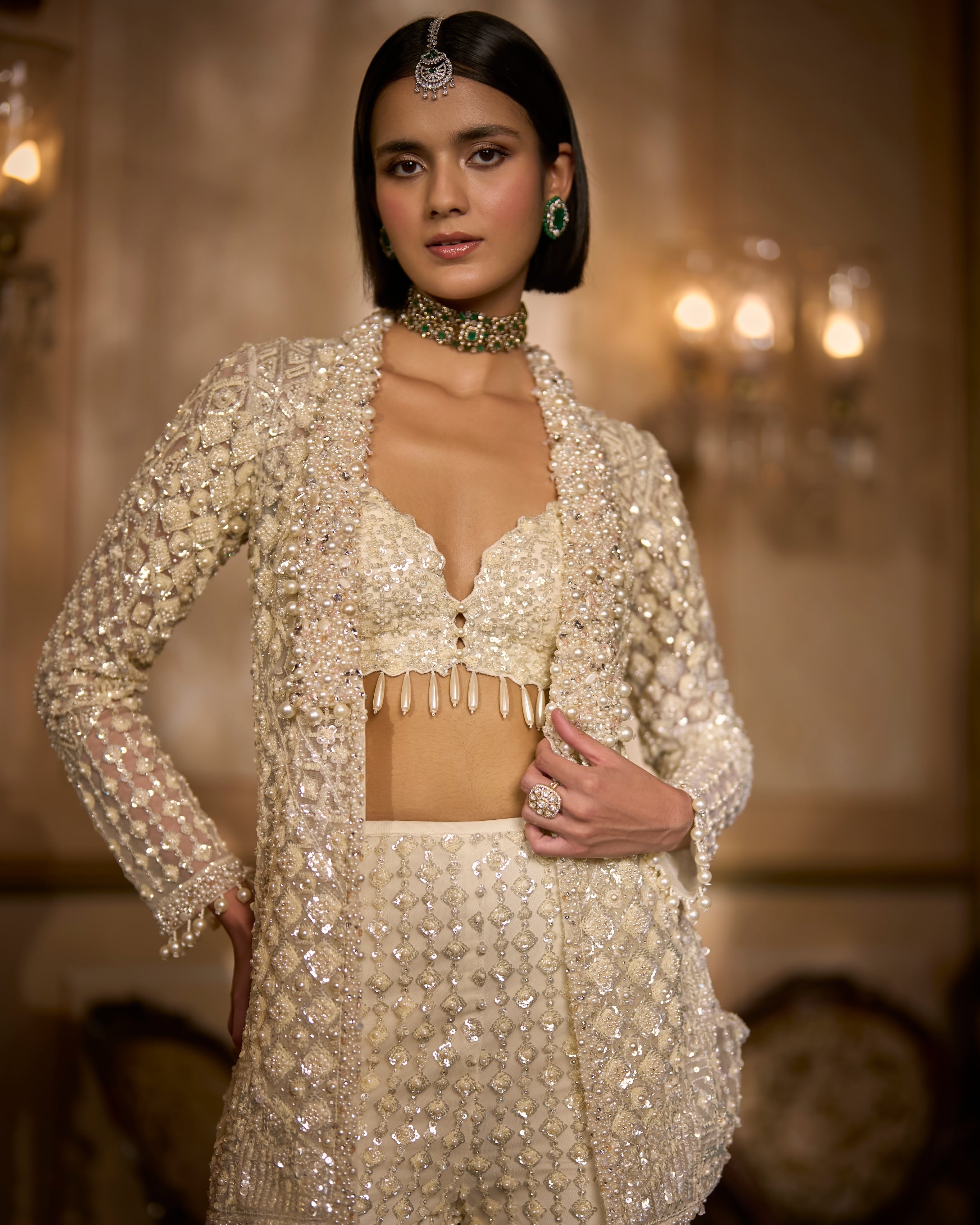 Cream Open Jacket Sharara - Pant Set