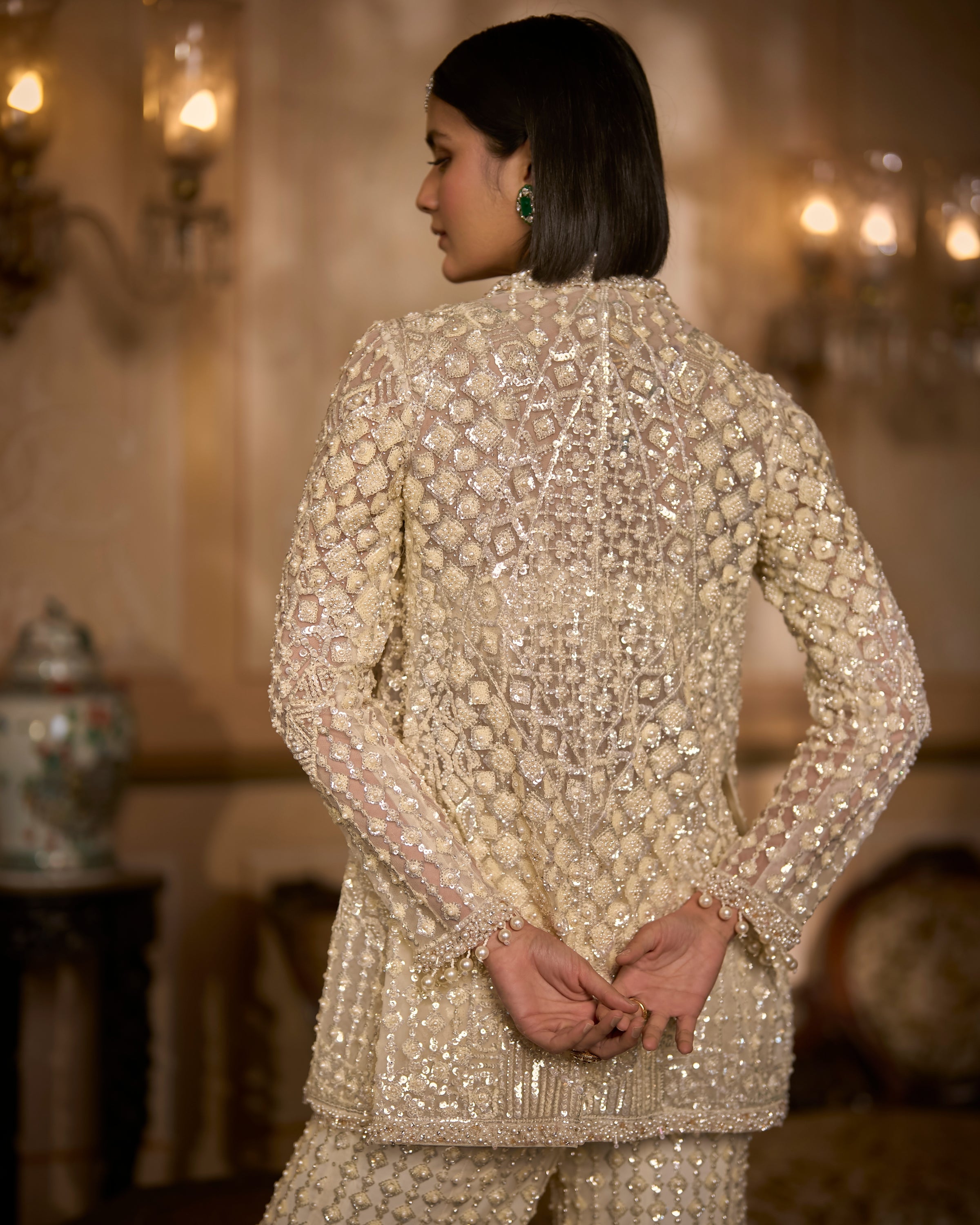 Cream Open Jacket Sharara - Pant Set