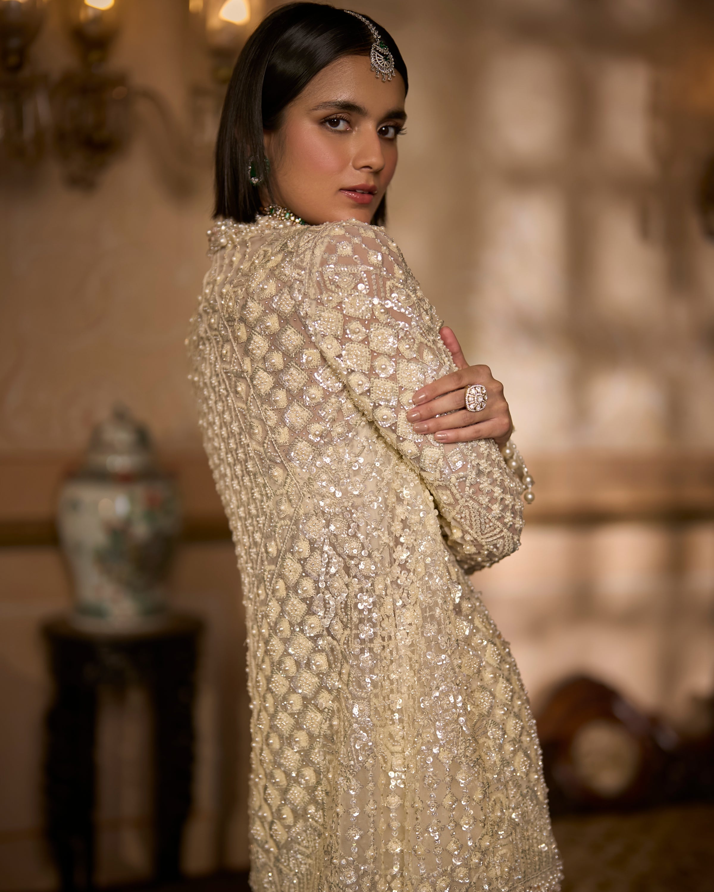 Cream Open Jacket Sharara - Pant Set