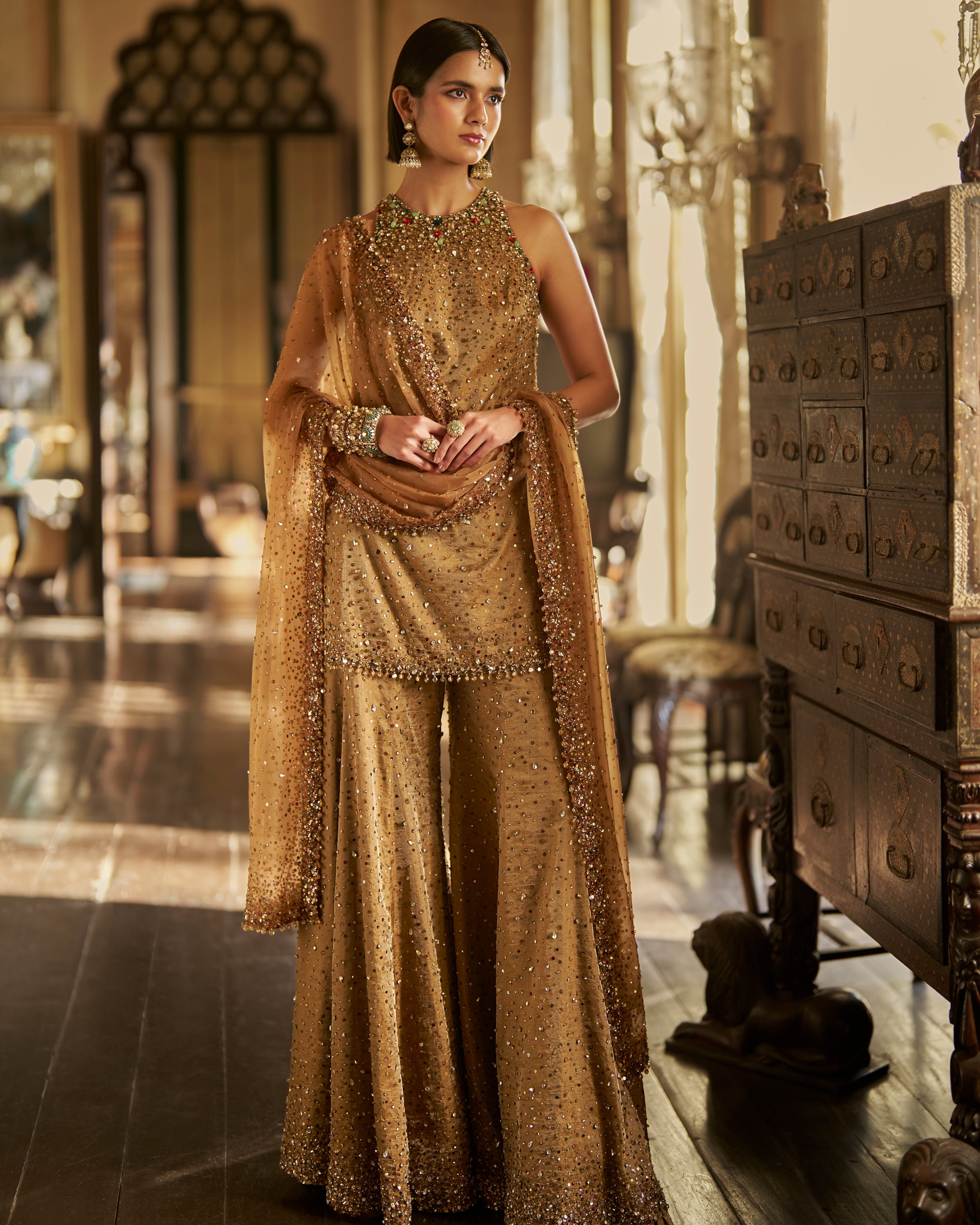 Gold Jewelled Sharara Set