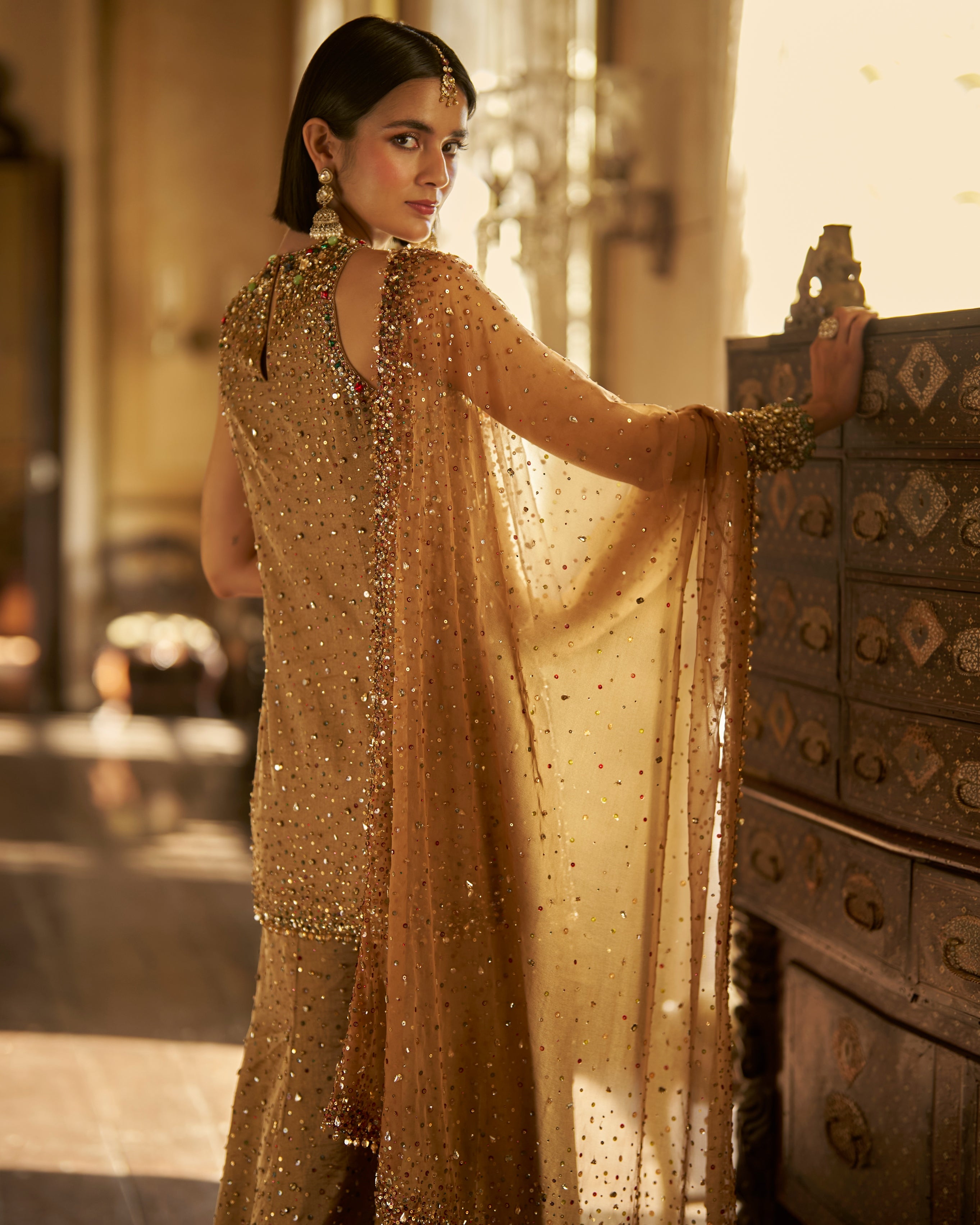 Gold Jewelled Sharara Set