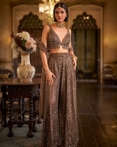 Brown Sequin Sharara Set