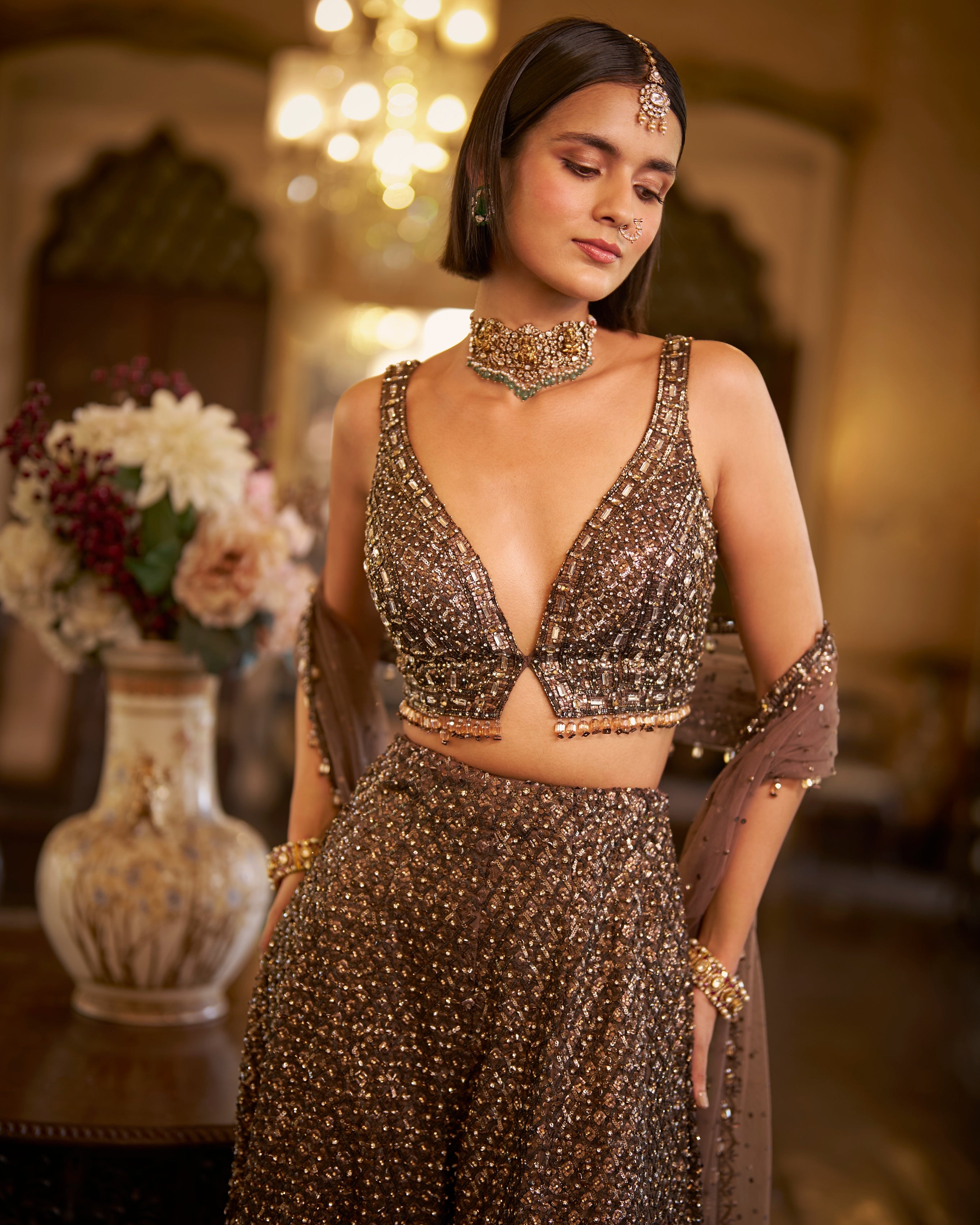 Brown Sequin Sharara Set