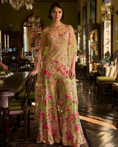 Leaf Green Three-Dimensional Sharara Set