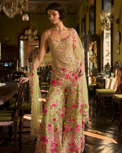 Leaf Green Three-Dimensional Sharara Set