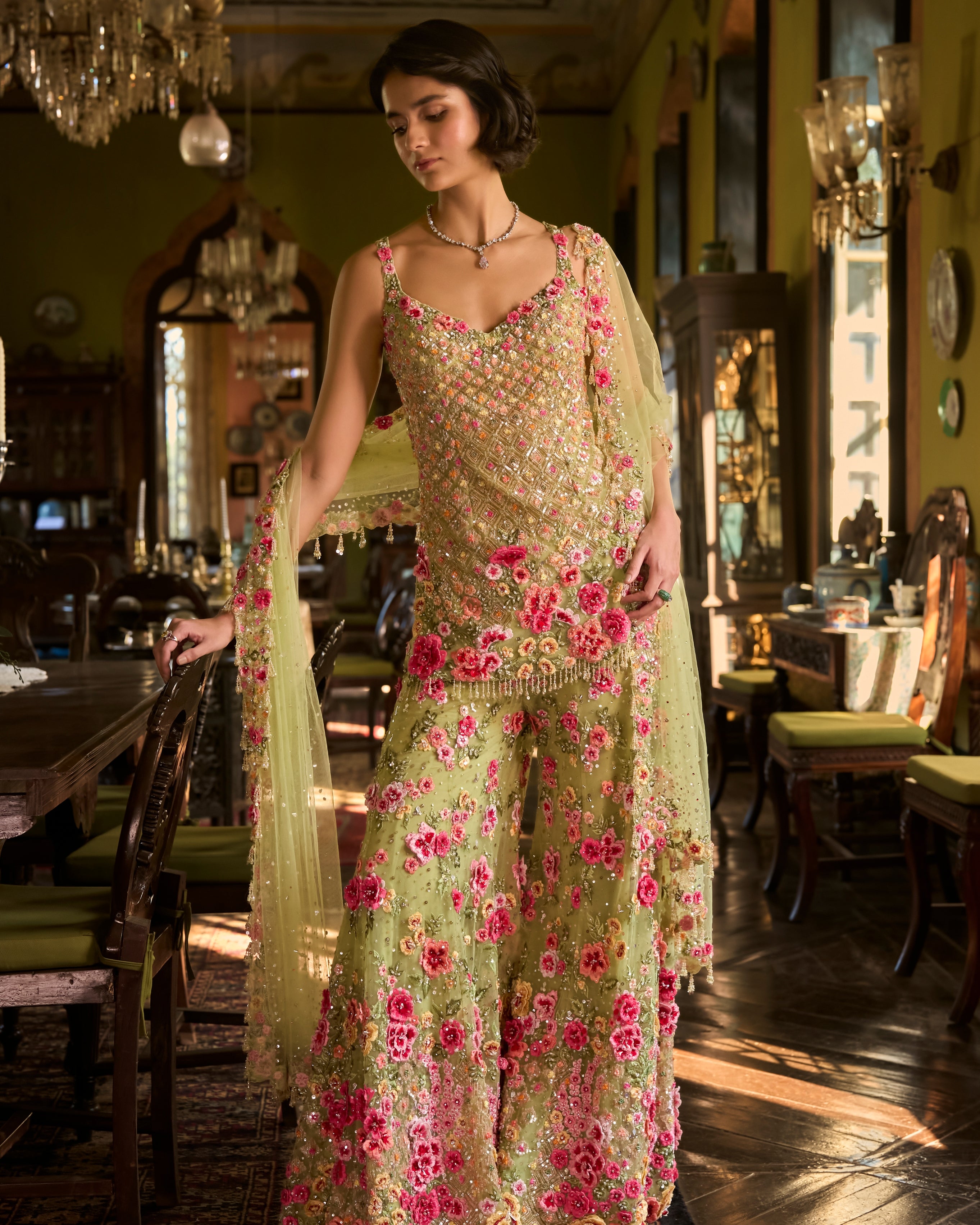 Leaf Green Three-Dimensional Sharara Set