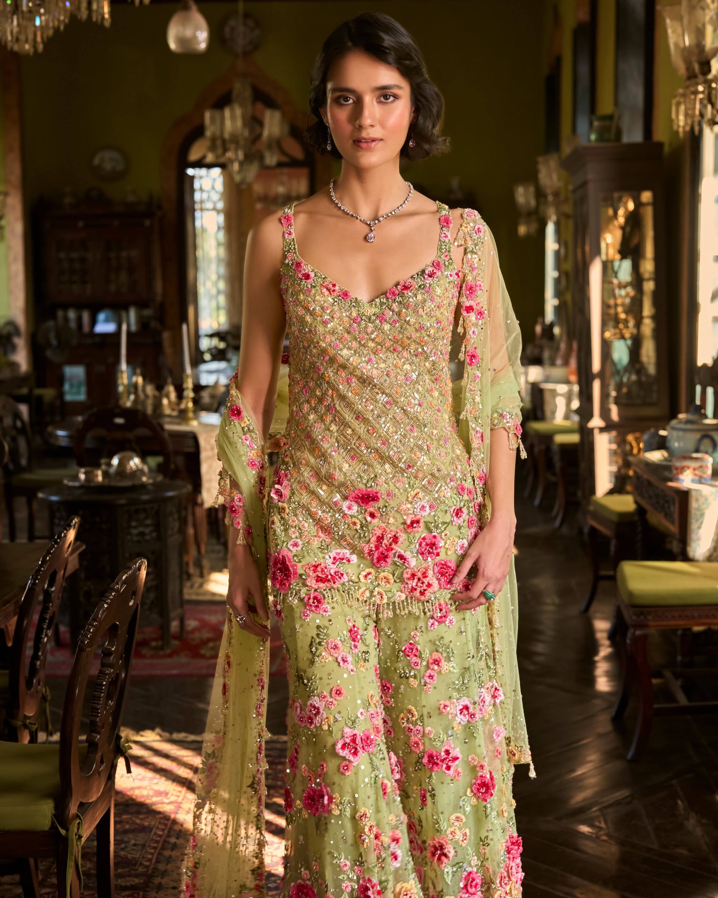 Leaf Green Three-Dimensional Sharara Set