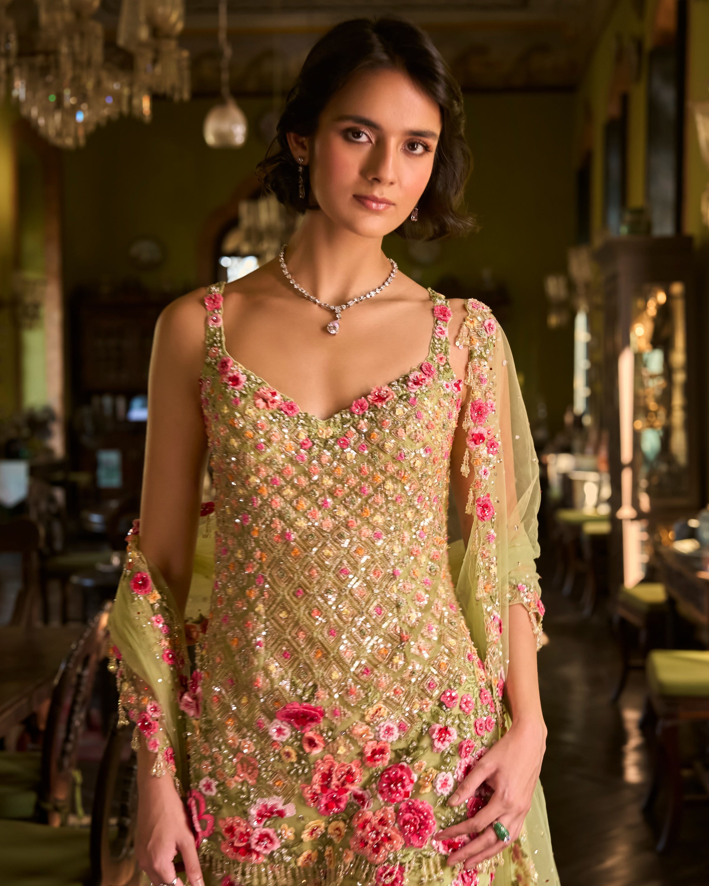 Leaf Green Three-Dimensional Sharara Set