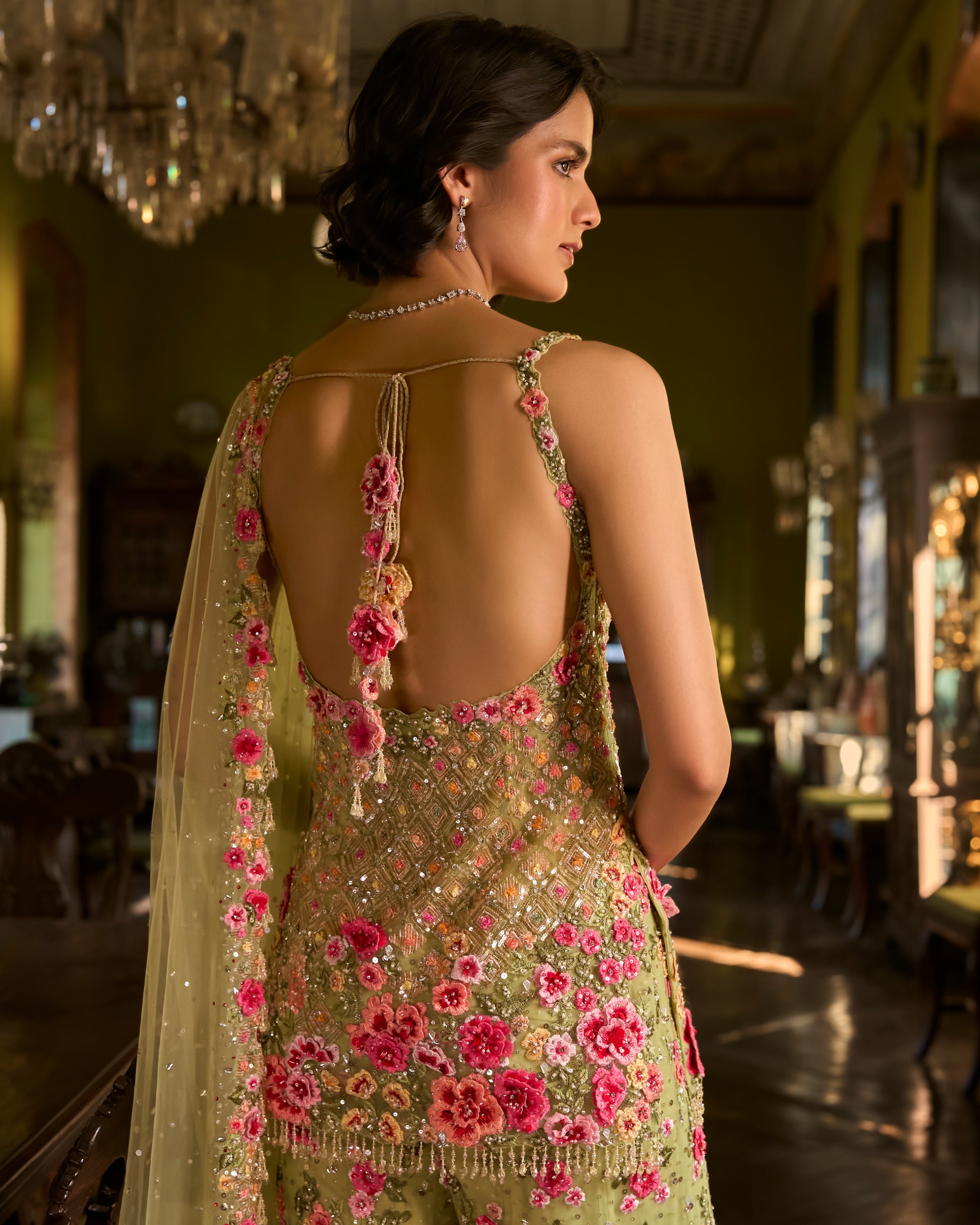 Leaf Green Three-Dimensional Sharara Set