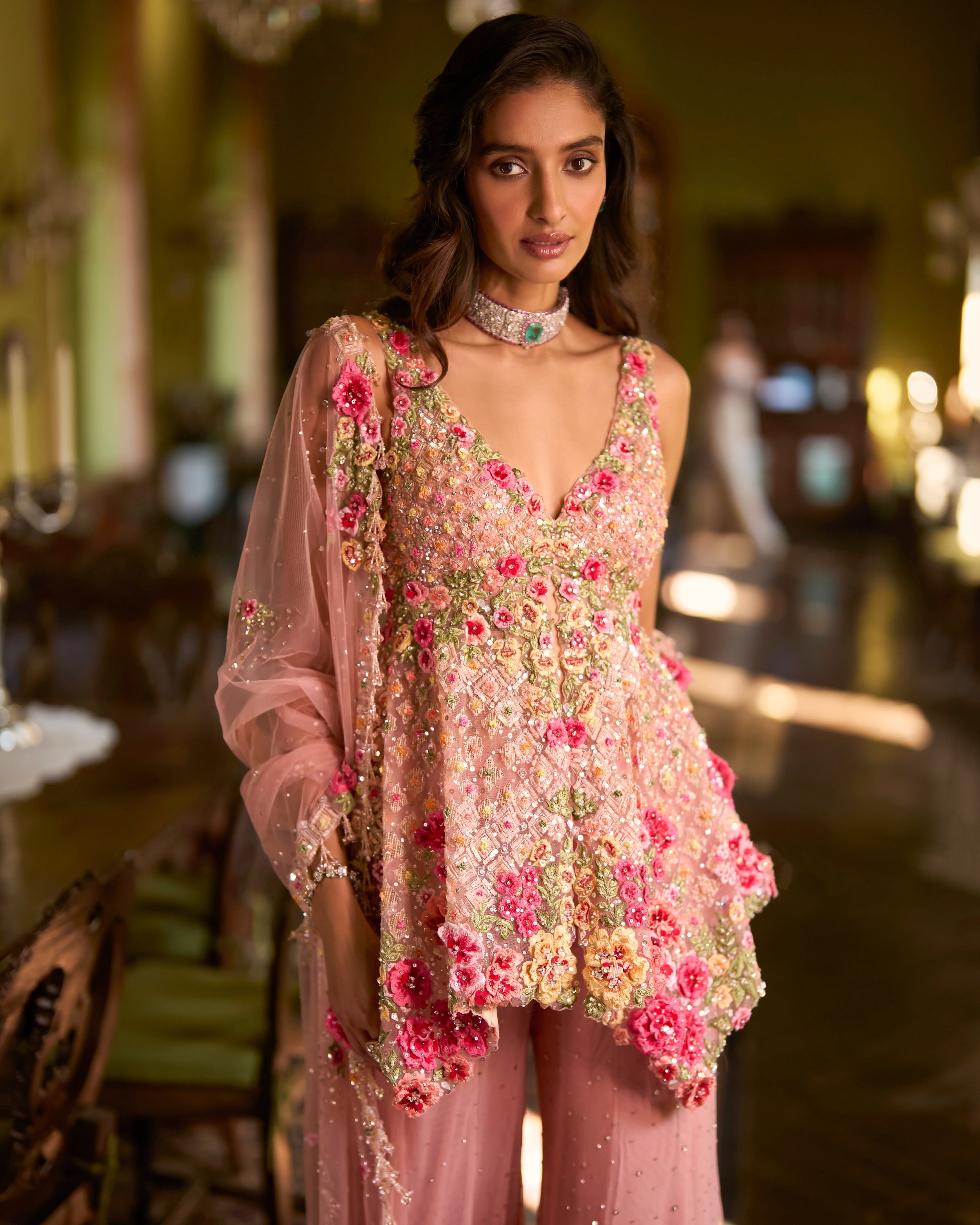 Pink Three-Dimensional Sharara Set