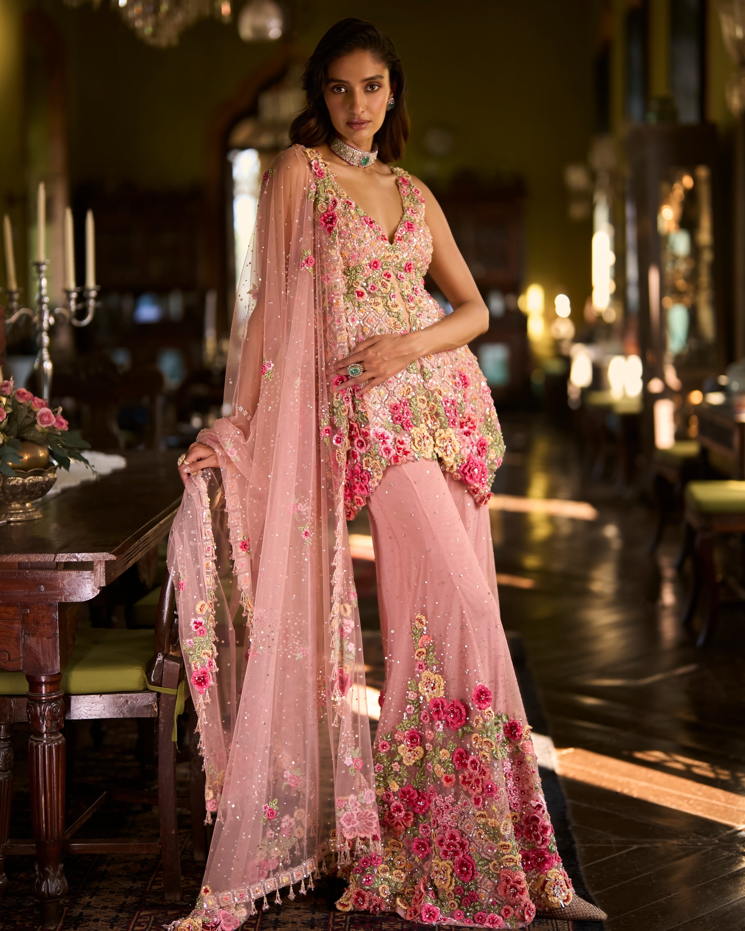 Pink Three-Dimensional Sharara Set