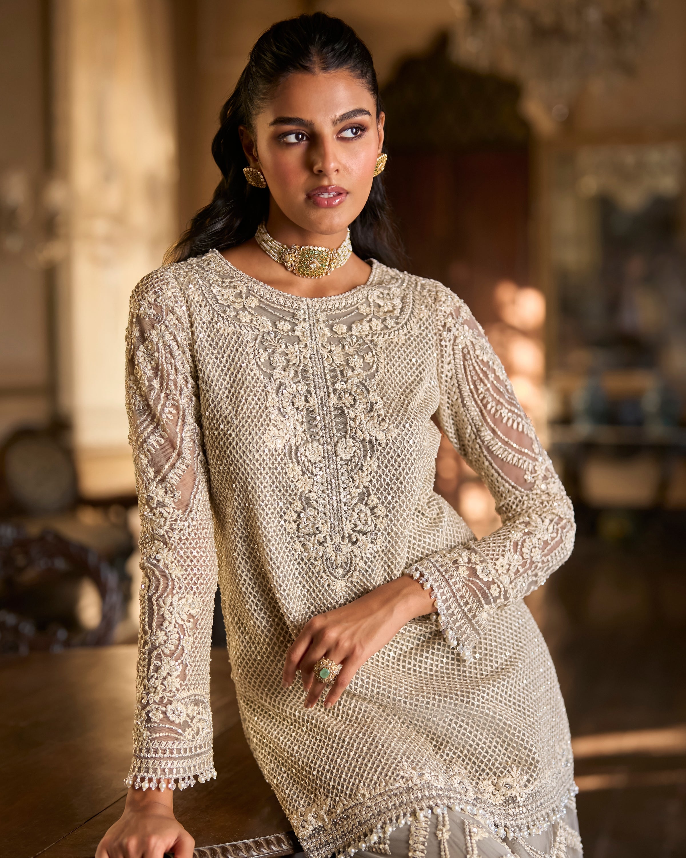 Grey Thread Work Sharara Set