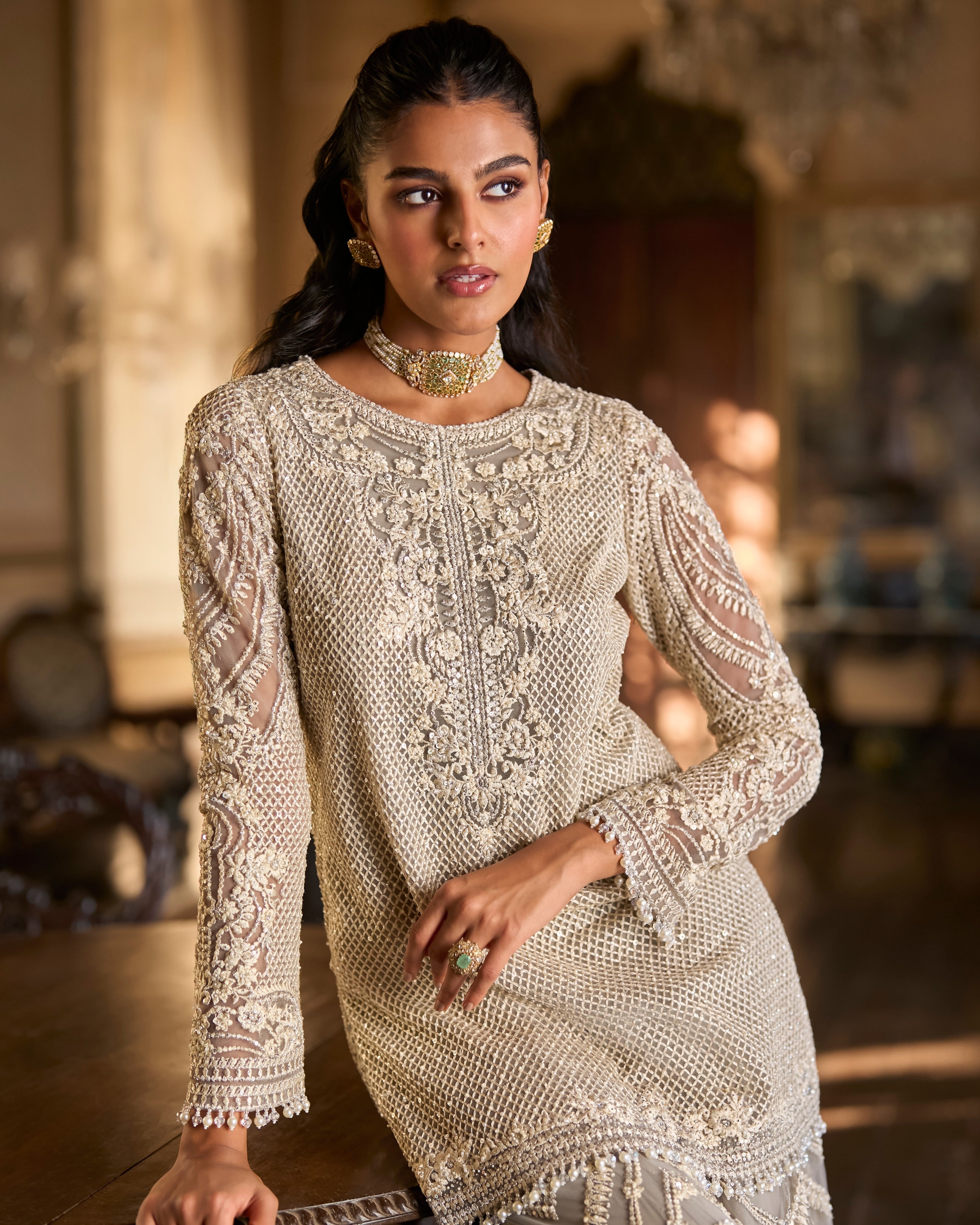 Grey Thread Work Sharara Set