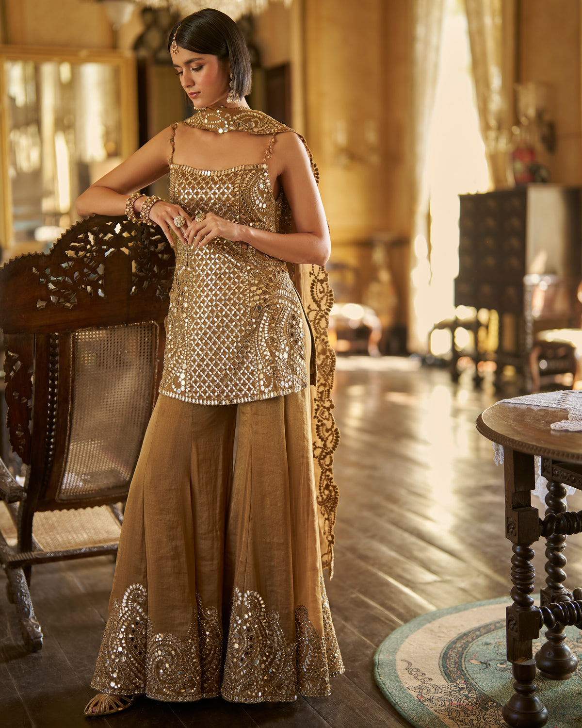 Antique Gold Mirror Sharara Set