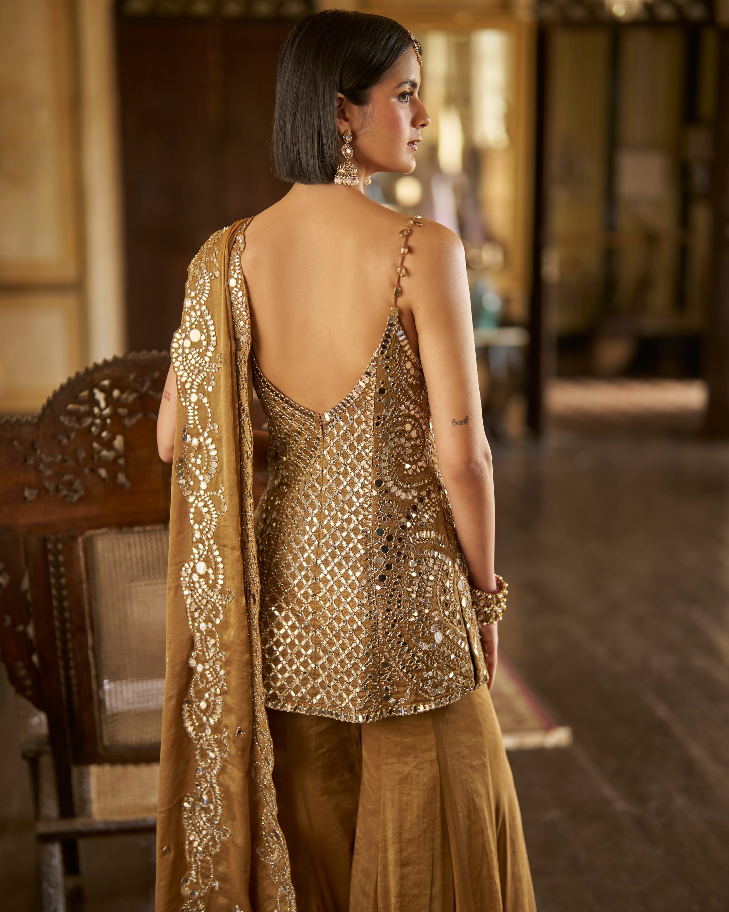 Antique Gold Mirror Sharara Set