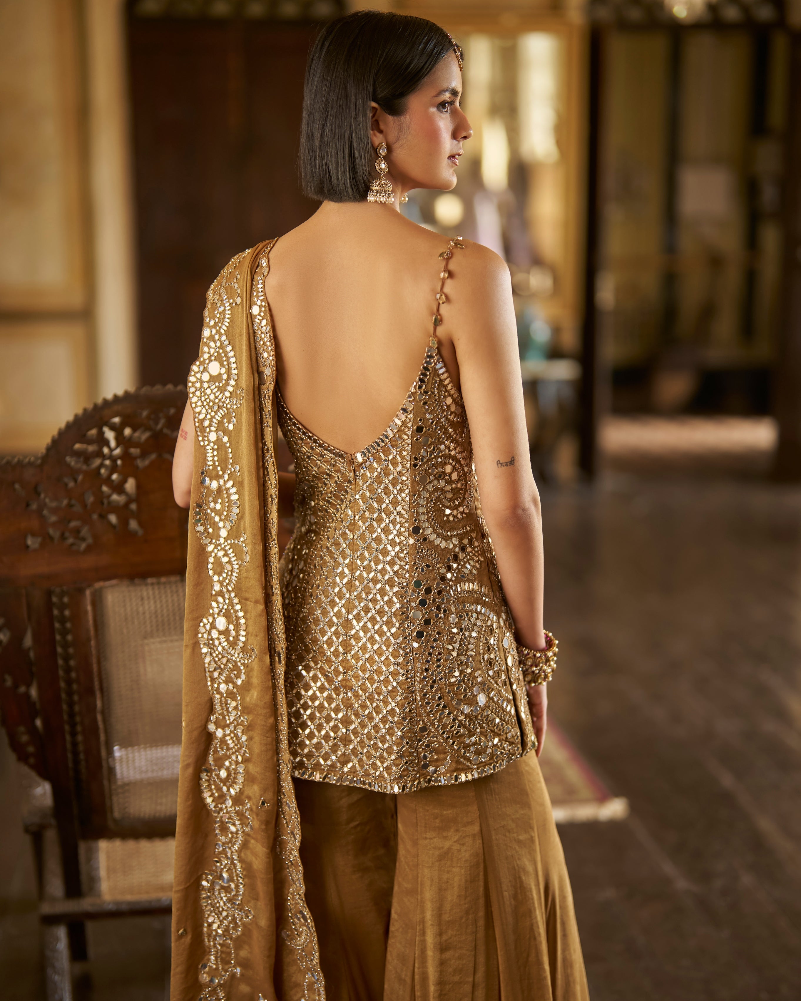 Antique Gold Mirror Sharara Set