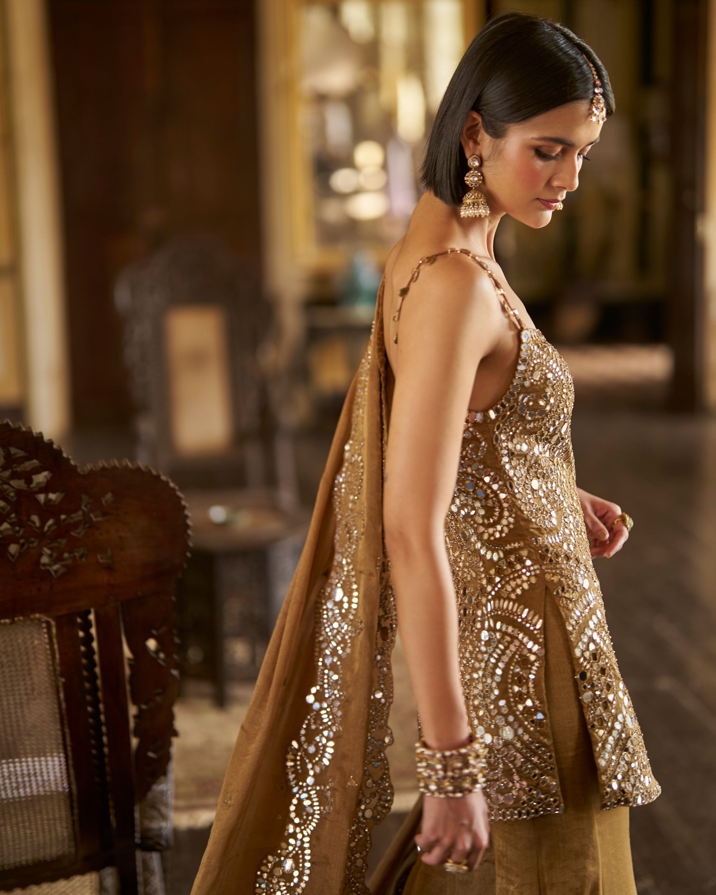 Antique Gold Mirror Sharara Set