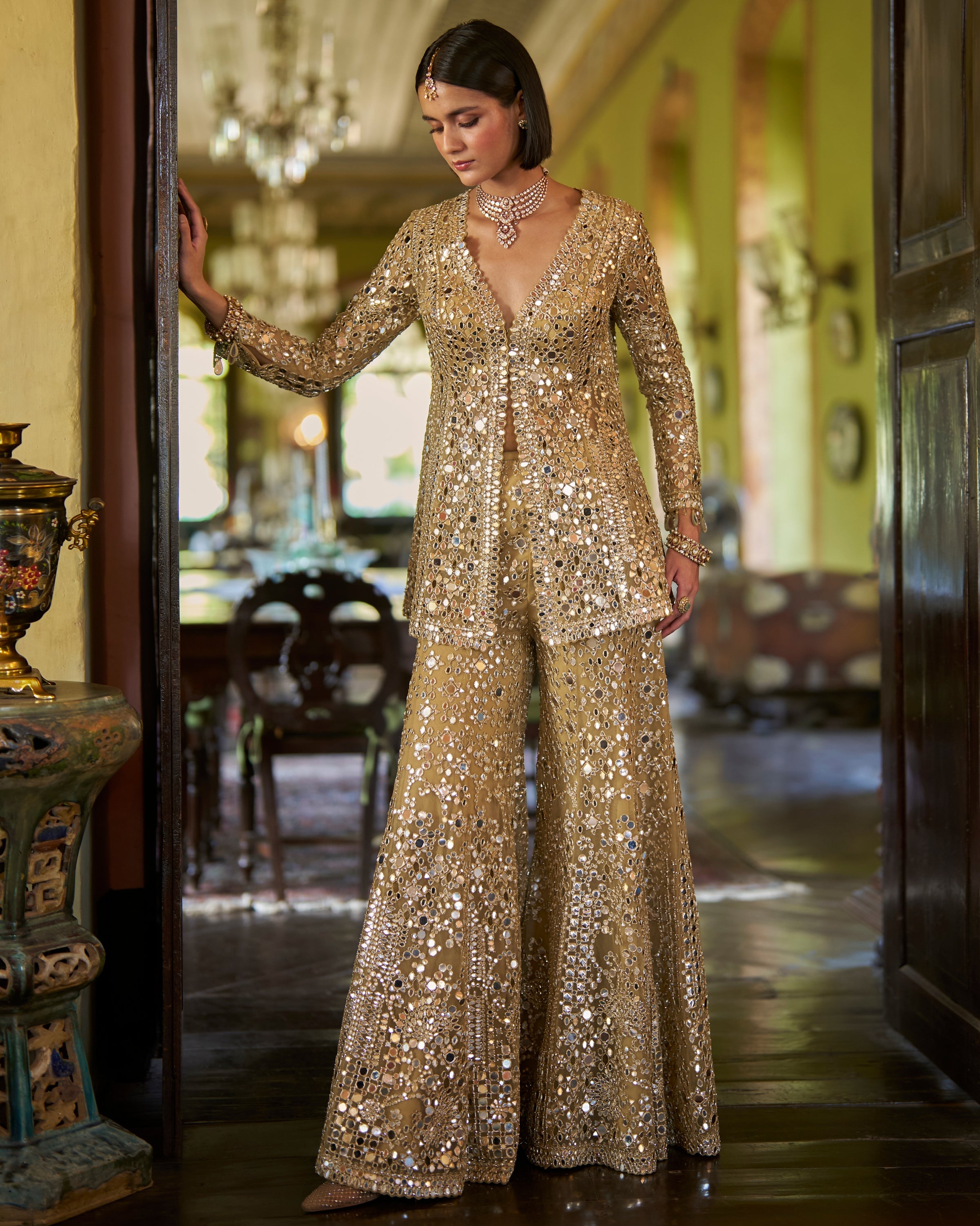 Gold Mirror Work Sharara Set