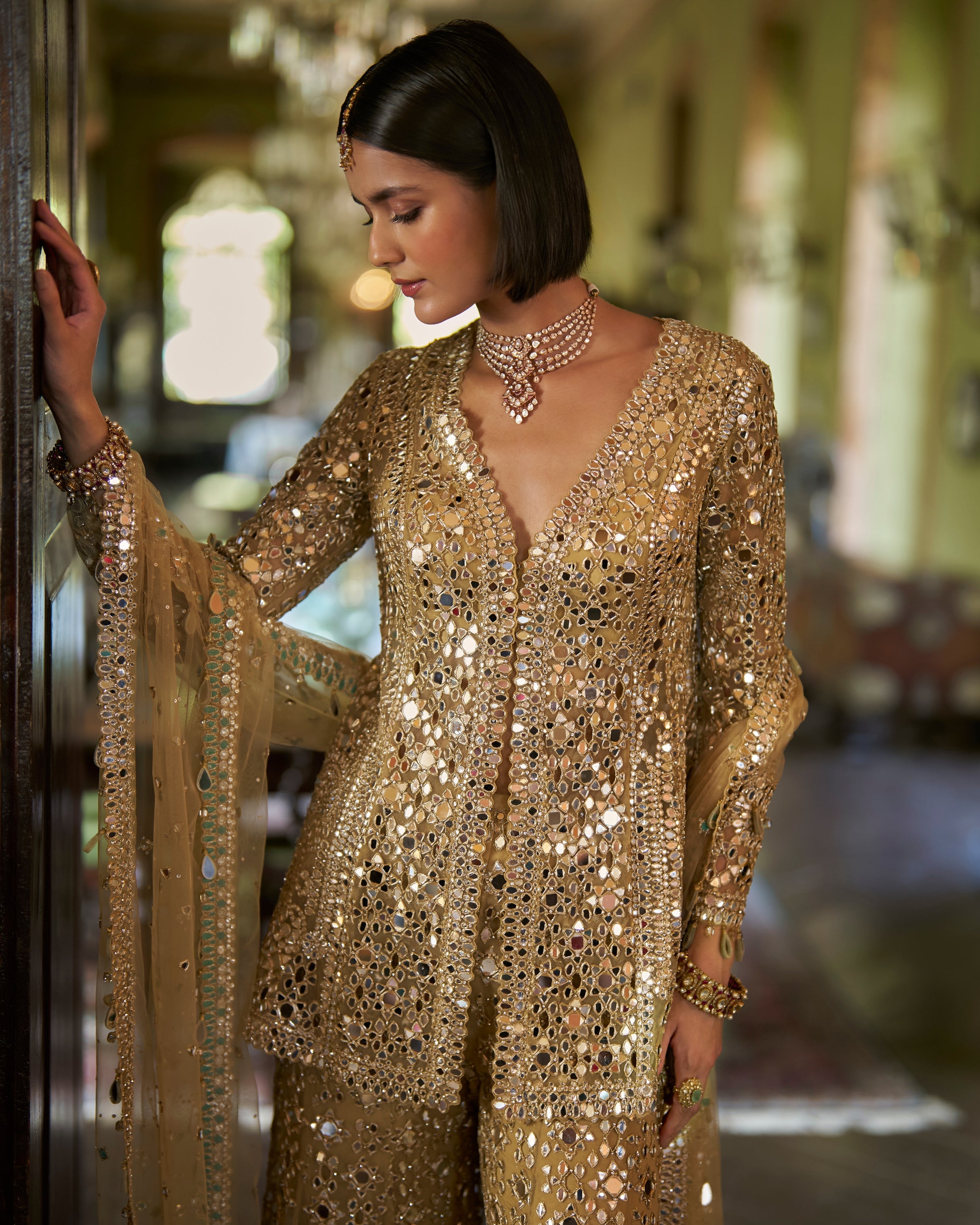Gold Mirror Work Sharara Set