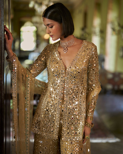 Gold Mirror Work Sharara Set