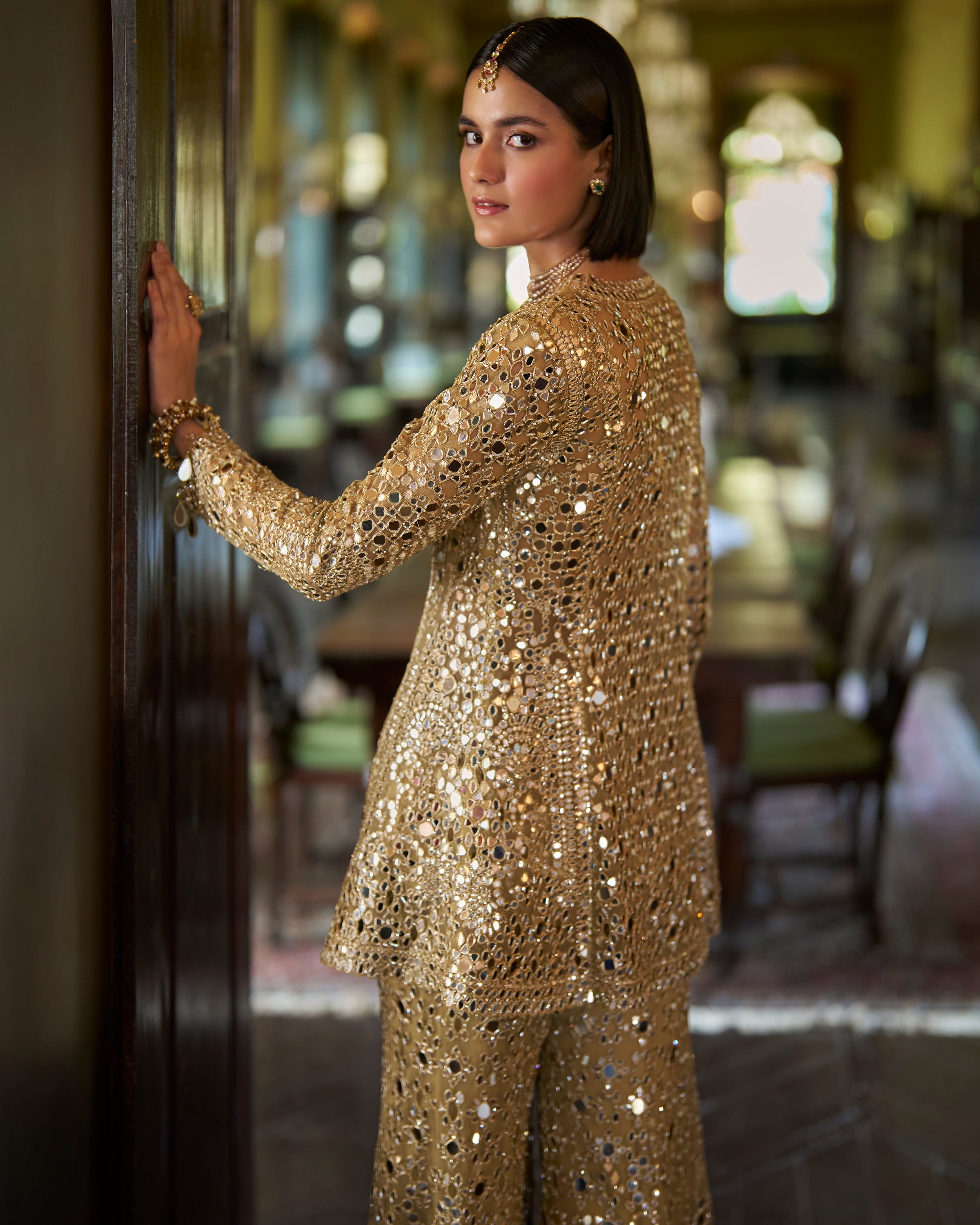 Gold Mirror Work Sharara Set