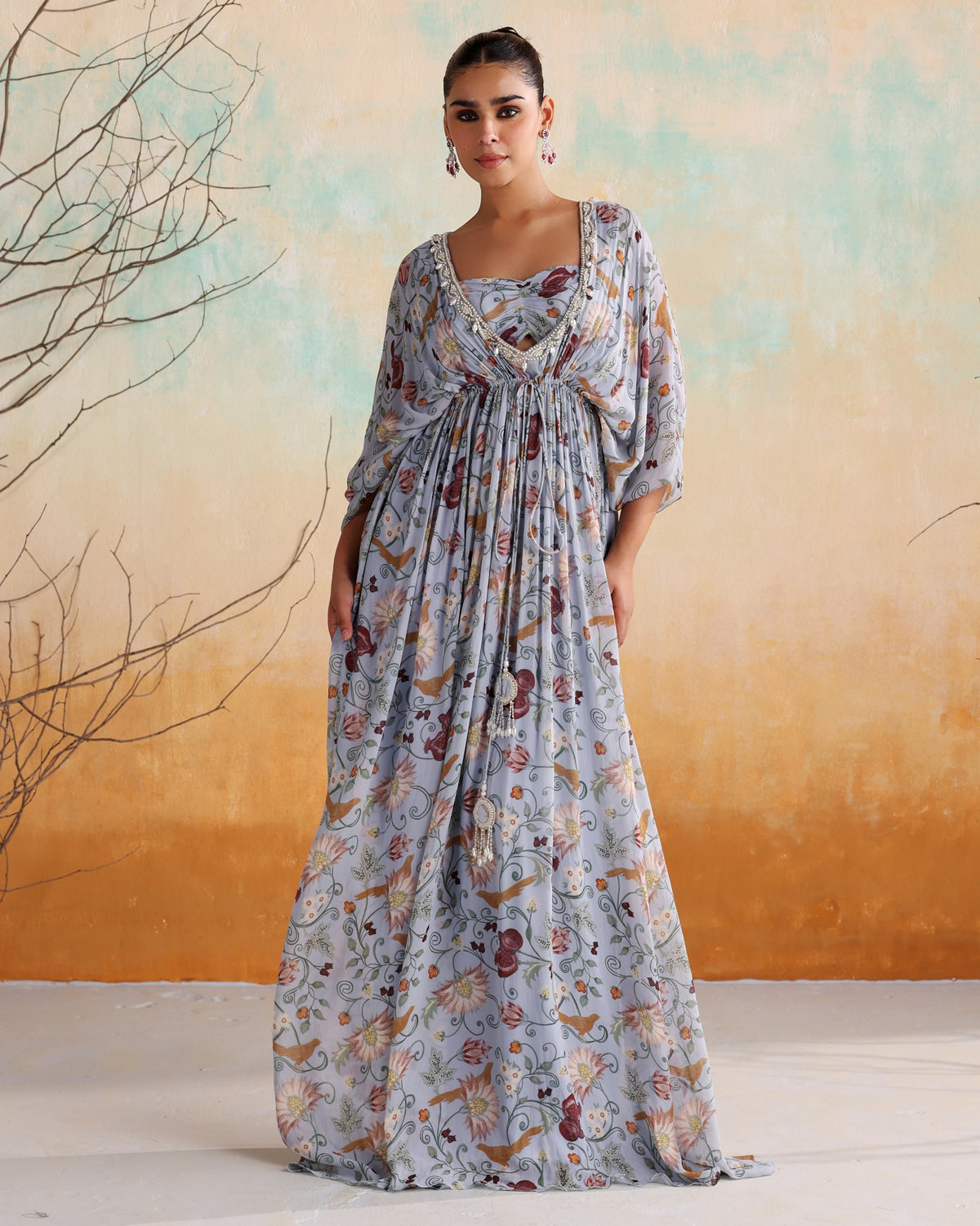 Powder Blue Printed Embellished Kaftan