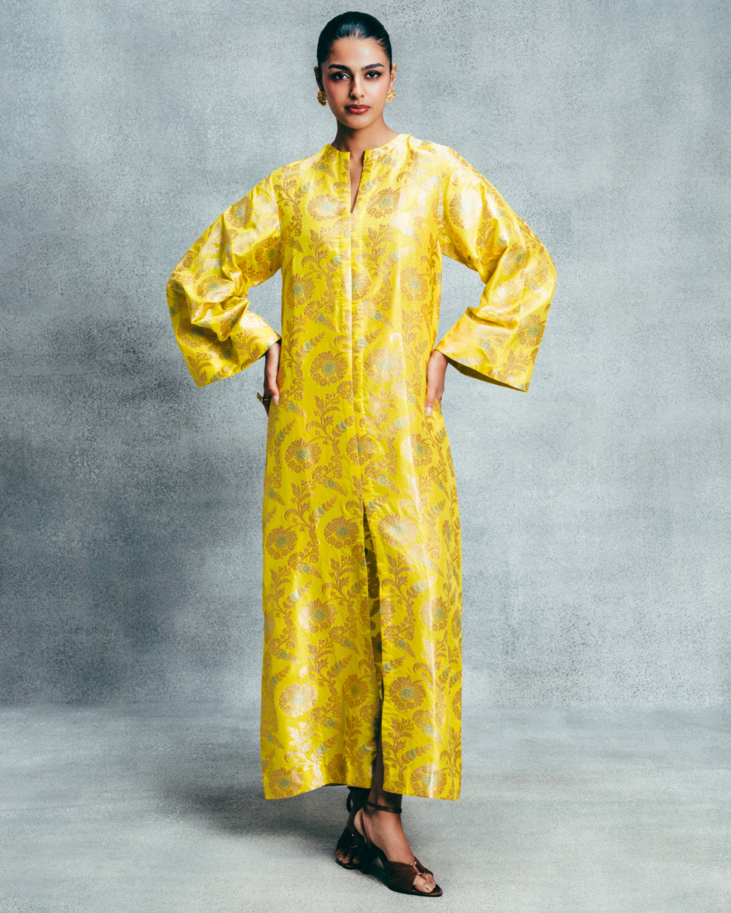 Handwoven Canary Yellow Banarasi Kaftan