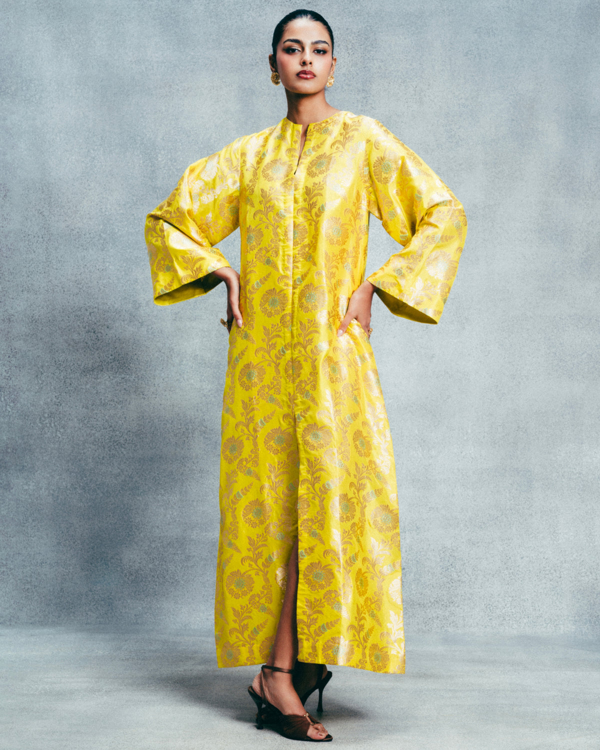 Handwoven Canary Yellow Banarasi Kaftan