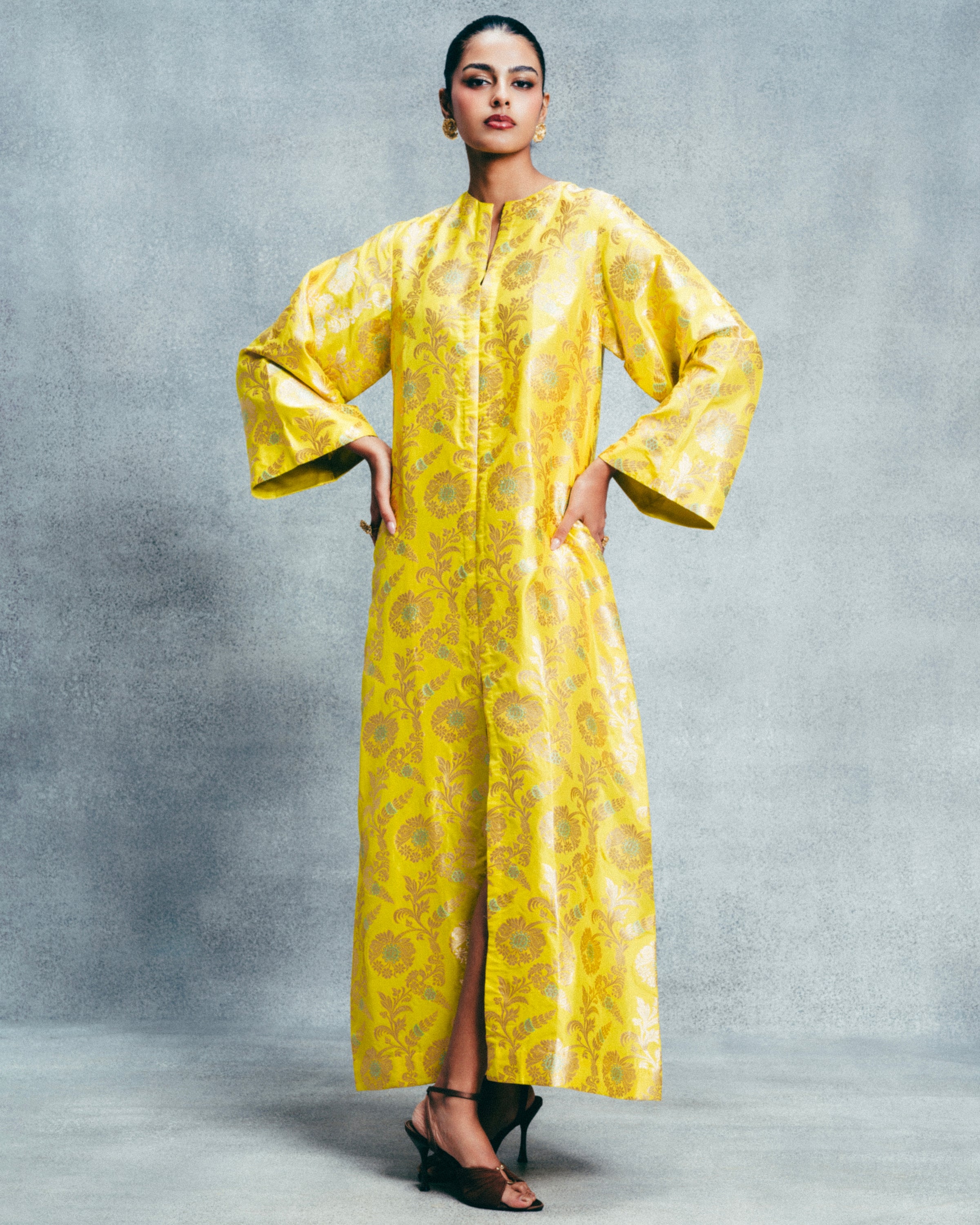 Handwoven Canary Yellow Banarasi Kaftan