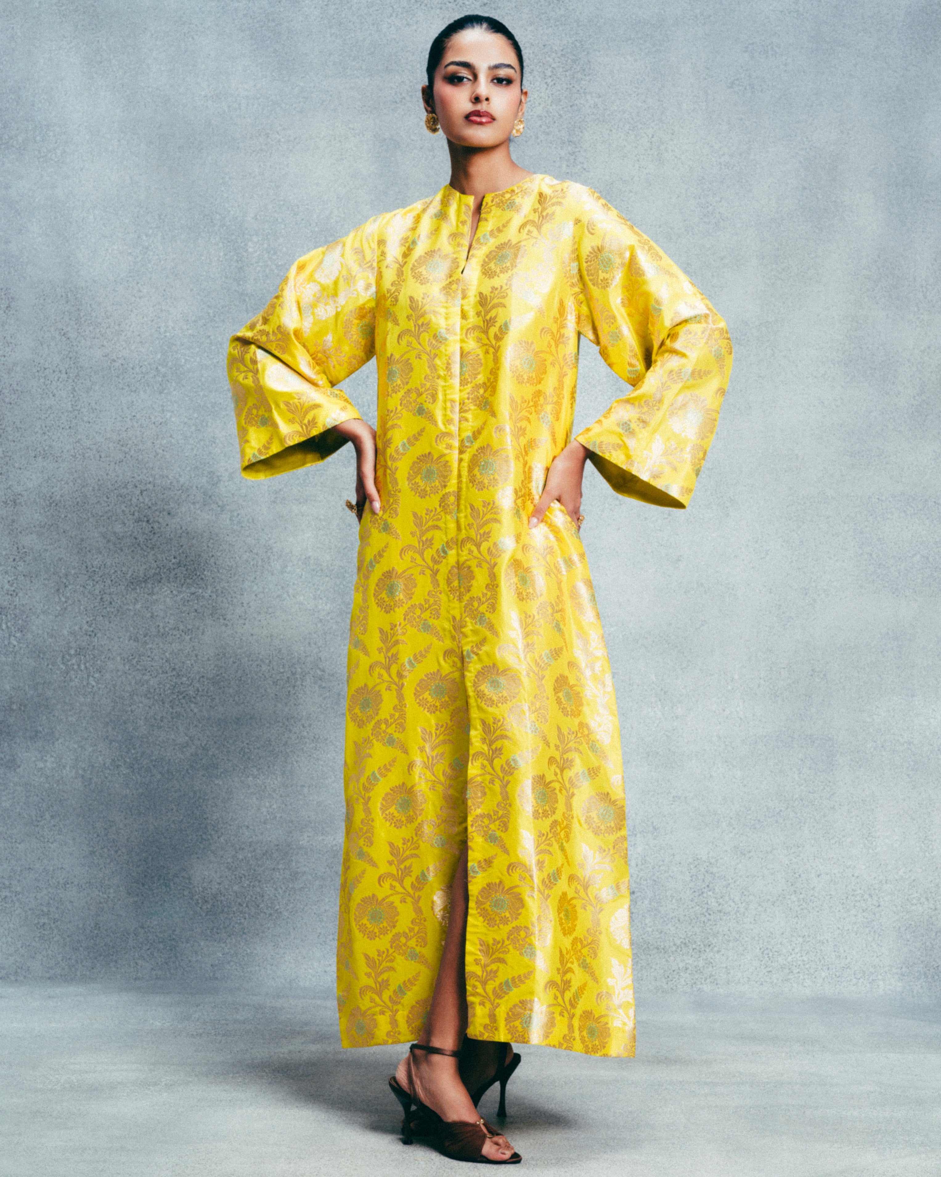Handwoven Canary Yellow Banarasi Kaftan