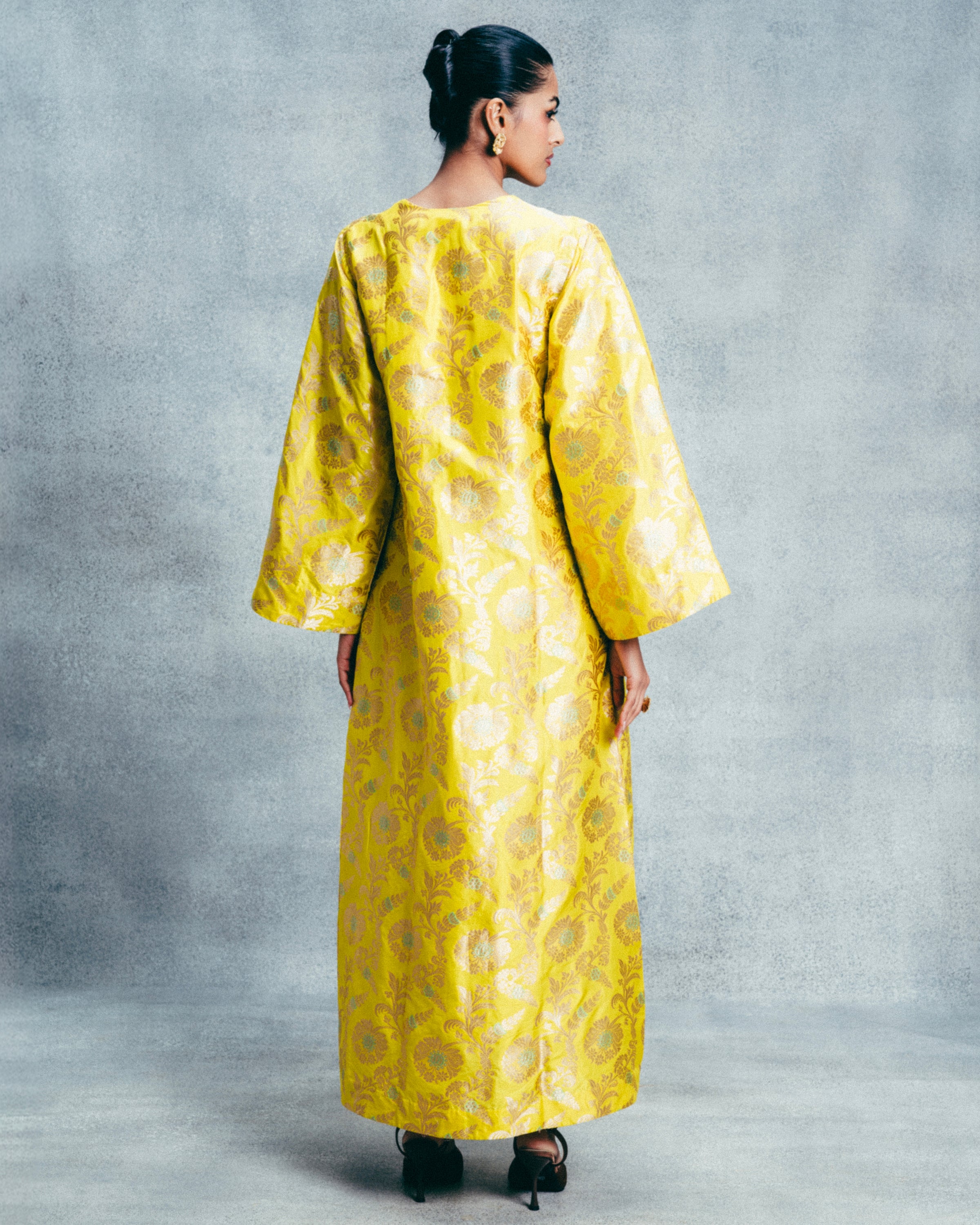 Handwoven Canary Yellow Banarasi Kaftan