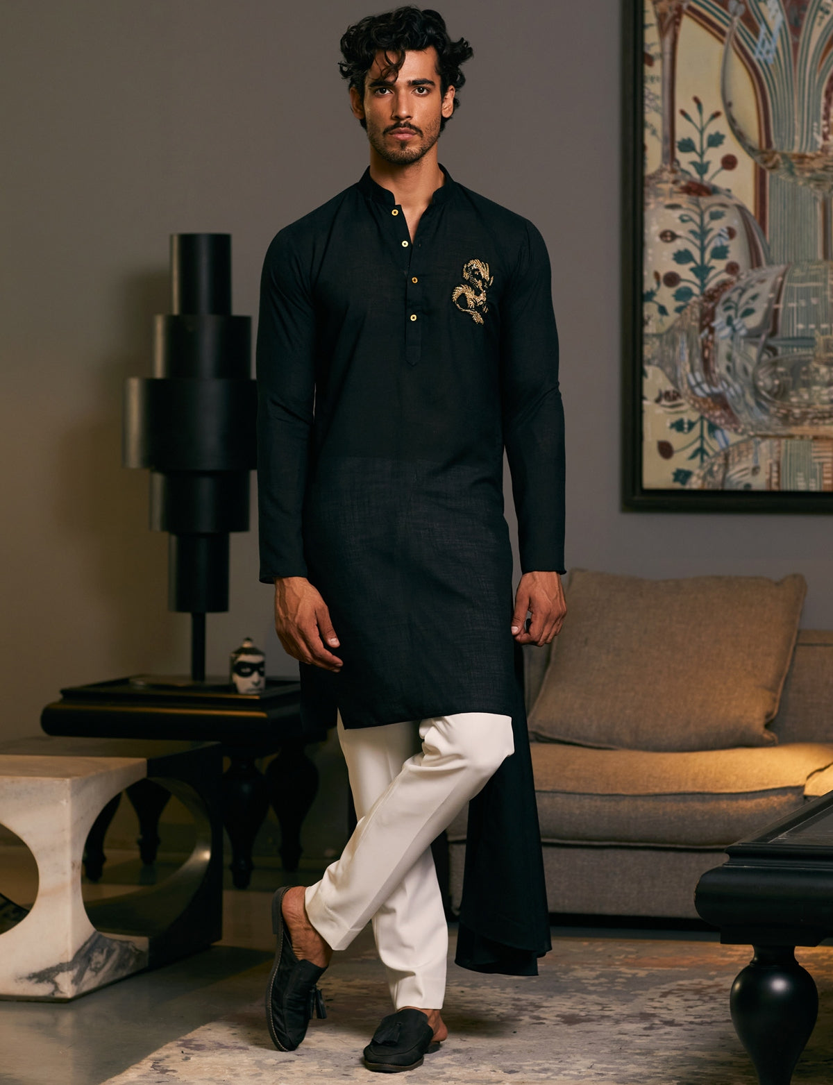 Black Blended Goe Dragon Kurta Set