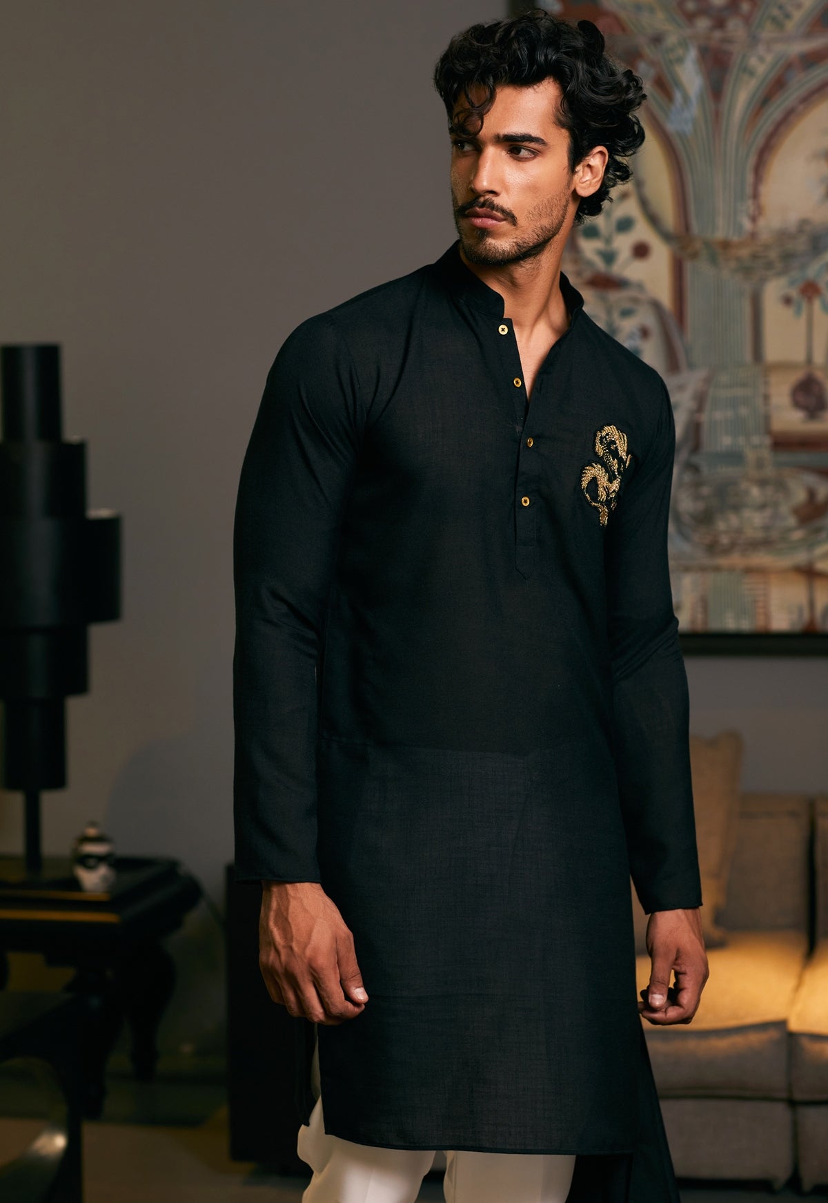 Black Blended Goe Dragon Kurta Set