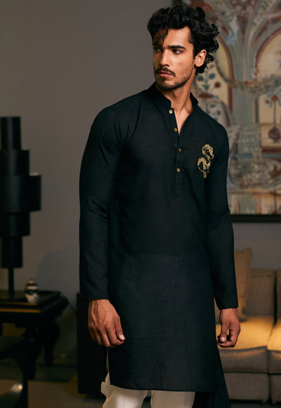 Black Blended Goe Dragon Kurta Set